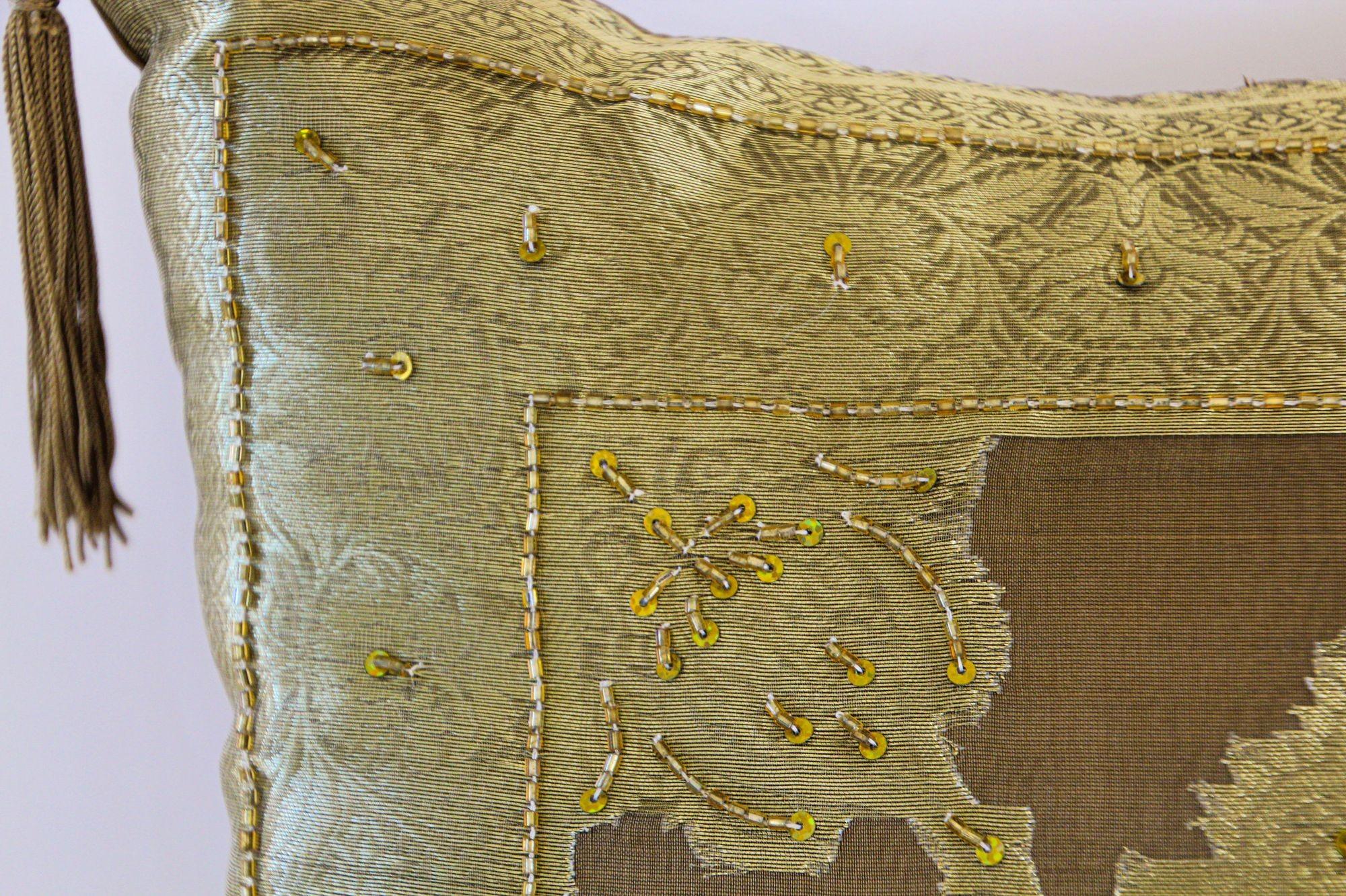 20th Century Gold Moorish throw Pillows Embellished with Sequins and Beads a Pair For Sale