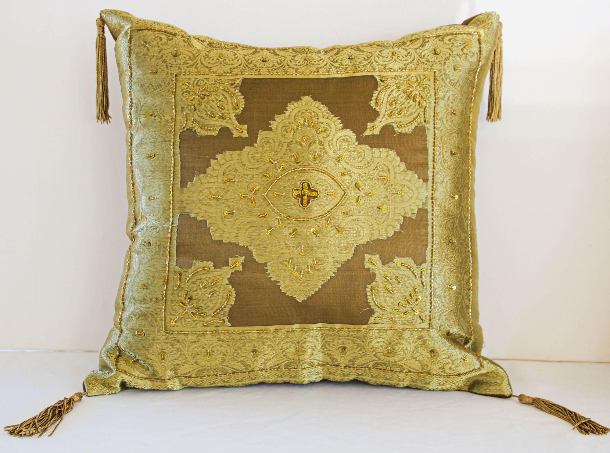 Gold Moorish throw Pillows Embellished with Sequins and Beads a Pair For Sale 1