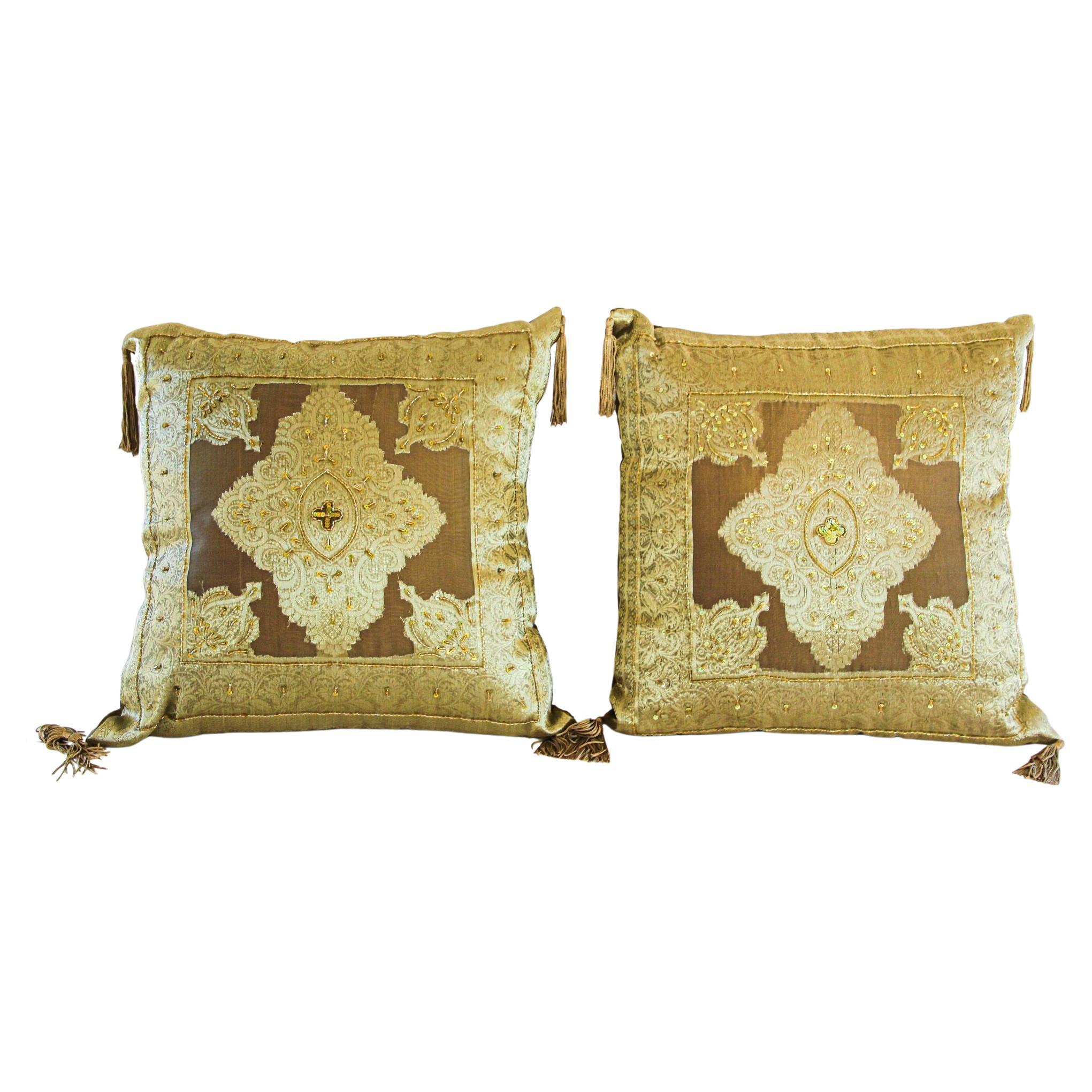 Gold Moorish throw Pillows Embellished with Sequins and Beads a Pair For Sale
