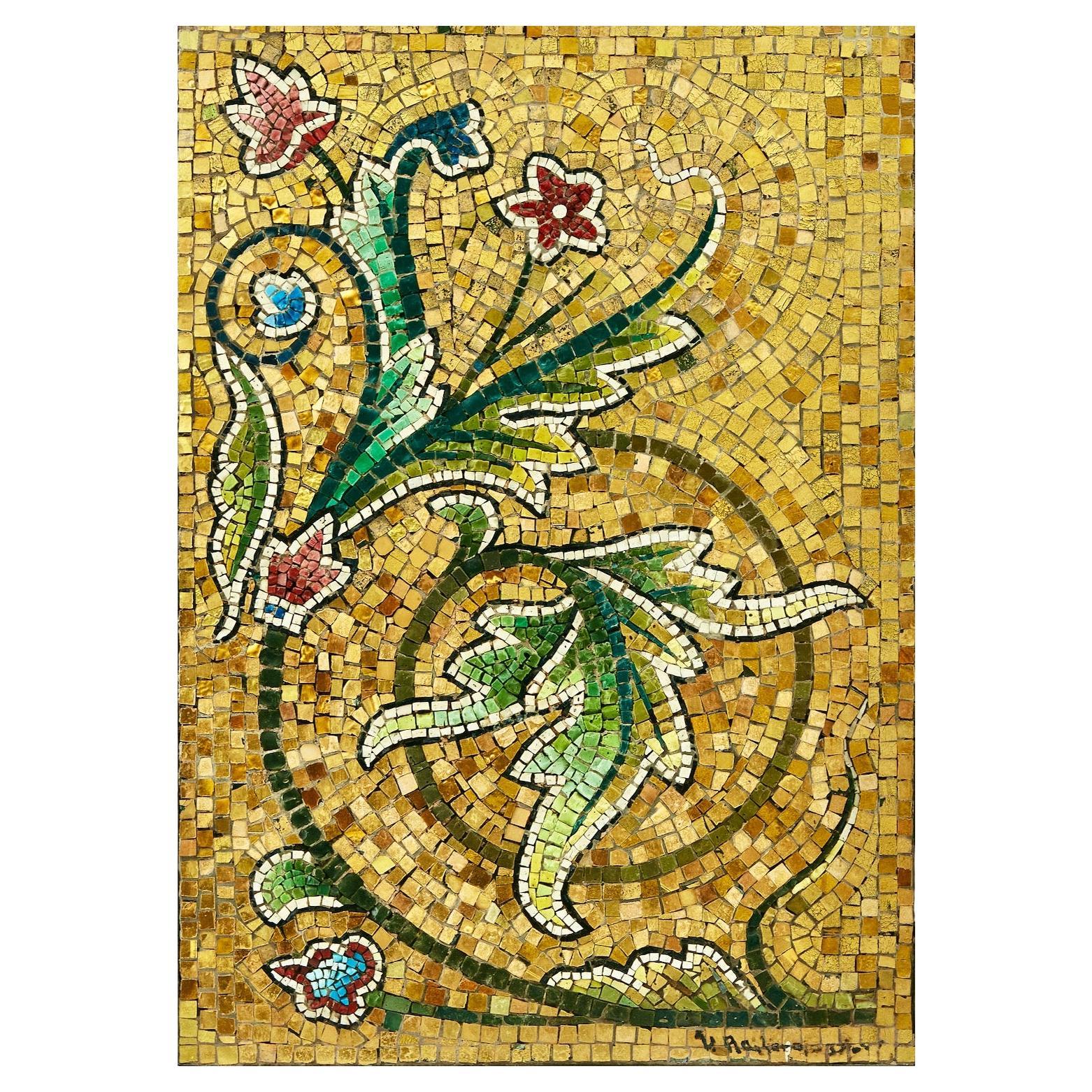 Diseño floral de mosaico dorado y hojas de acanto arcaicas