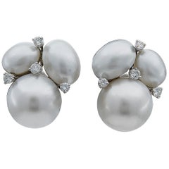 Gold Mother of Pearl and Diamond David Webb Ear Clips
