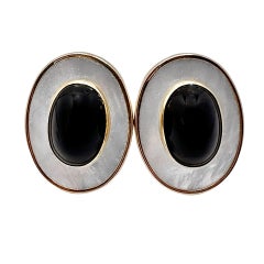Gold, Mother of Pearl, and Onyx, Oval Shaped Earrings by Peter Brams Designs