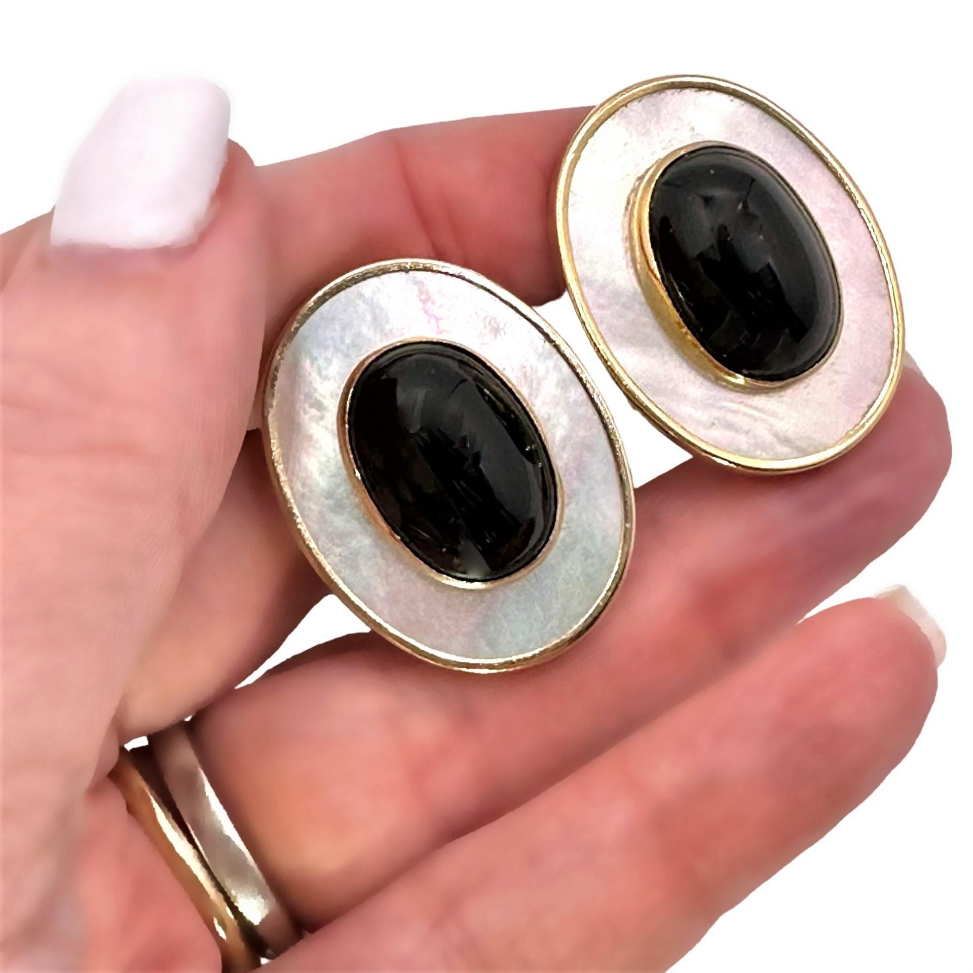 Gold, Mother of Pearl, and Onyx, Oval Shaped Earrings by Peter Brams Designs In Good Condition For Sale In Palm Beach, FL