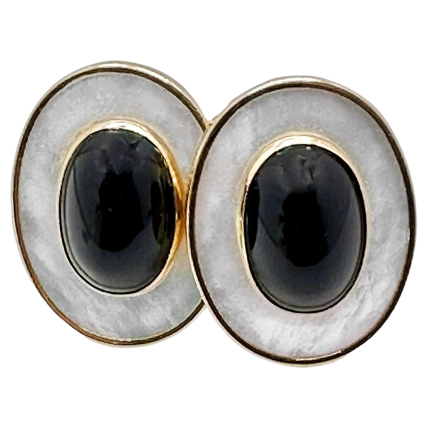 Gold, Mother of Pearl, and Onyx, Oval Shaped Earrings by Peter Brams Designs