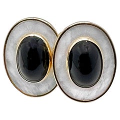 Vintage Gold, Mother of Pearl, and Onyx, Oval Shaped Earrings by Peter Brams Designs