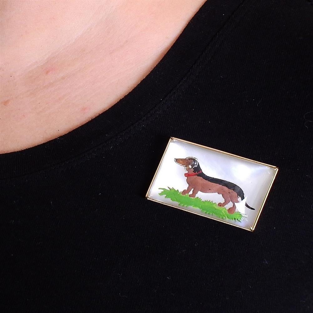 Women's or Men's Gold Mother of Pearl Reverse Dog Painting Brooch For Sale