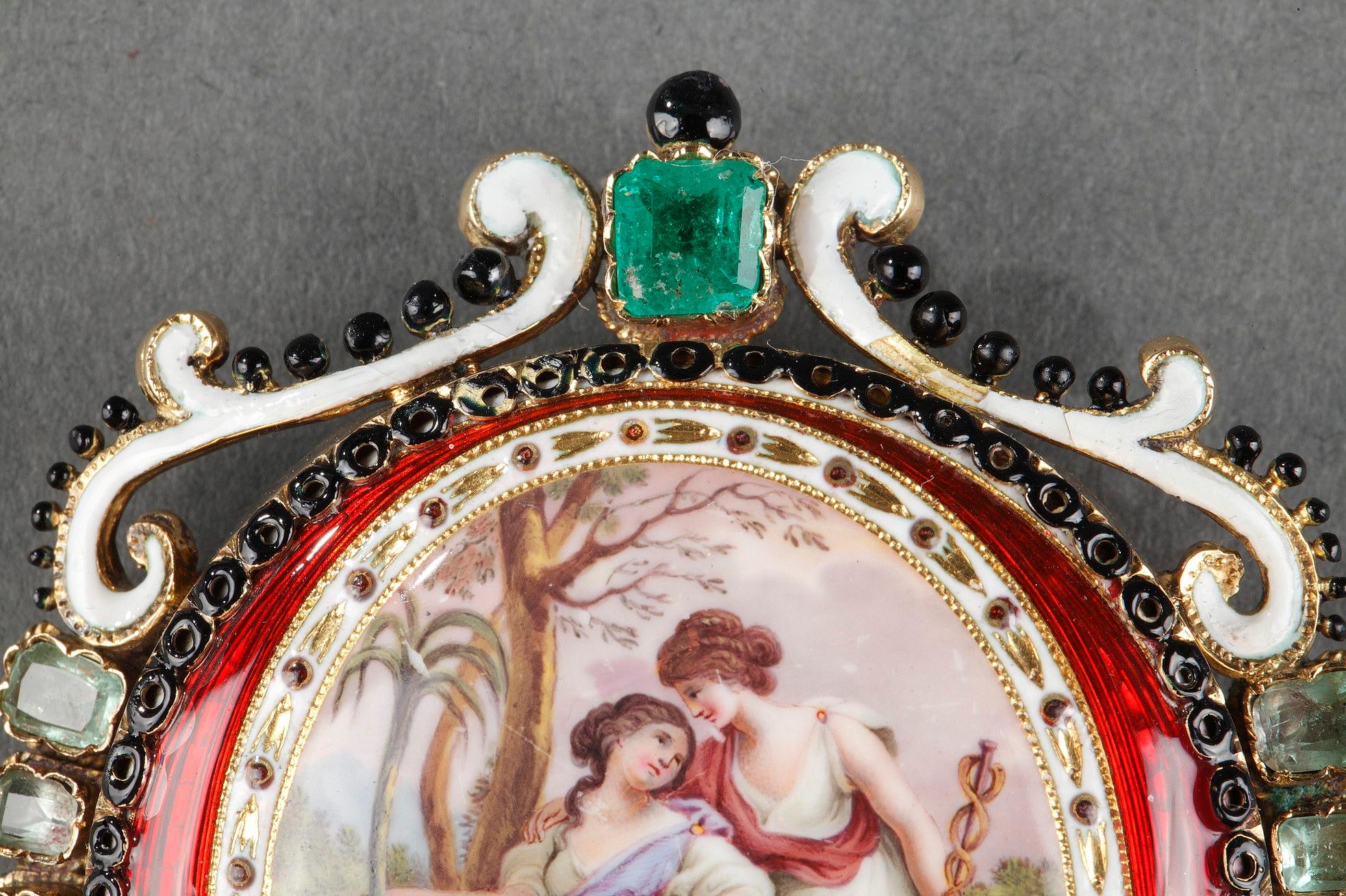 Gold-Mounted Brooch in Gold, Enamel and Stones For Sale 1
