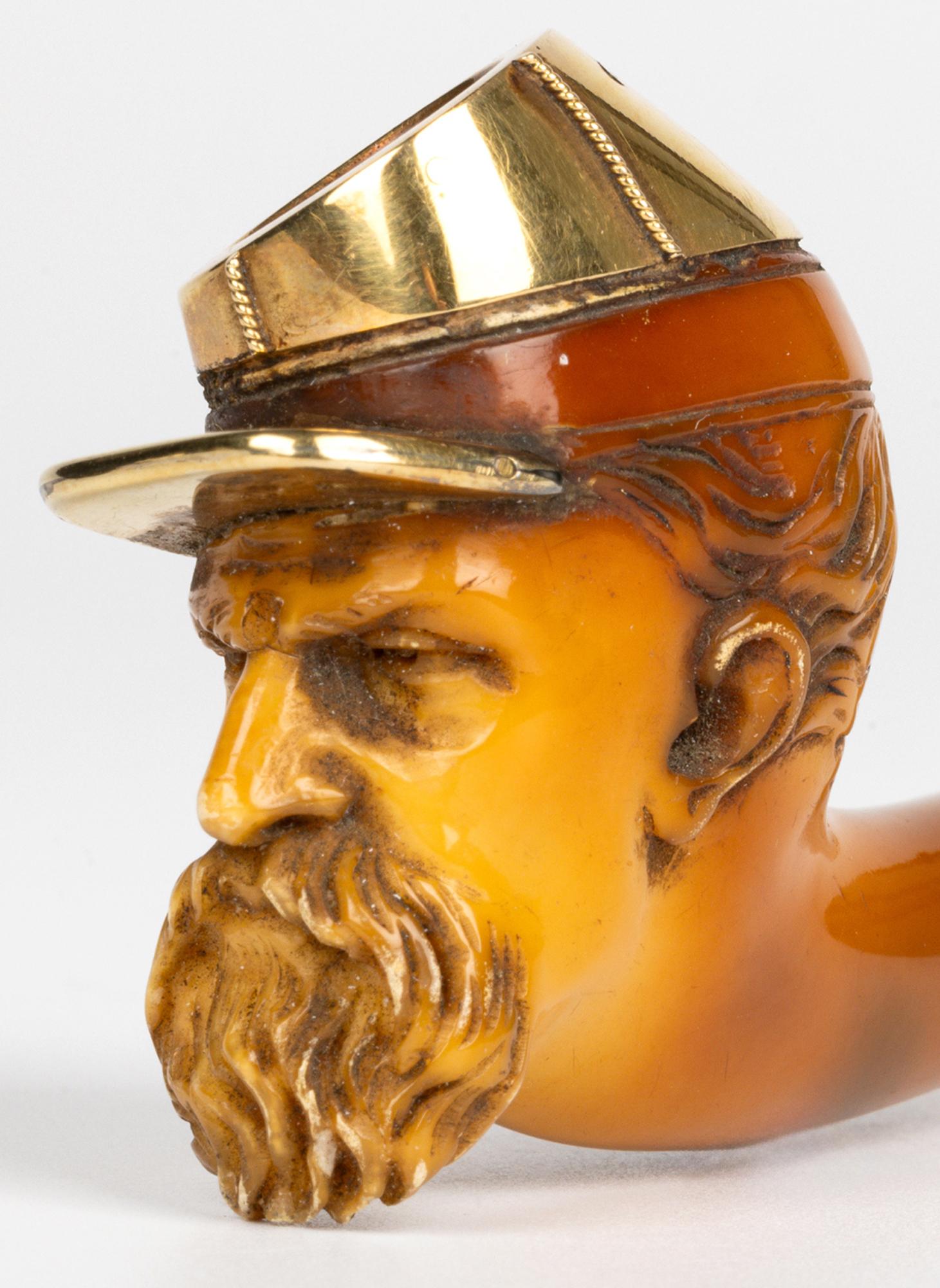 Gold Mounted Meerschaum Carved Confederate Soldier Head Pipe Bowl For Sale 3