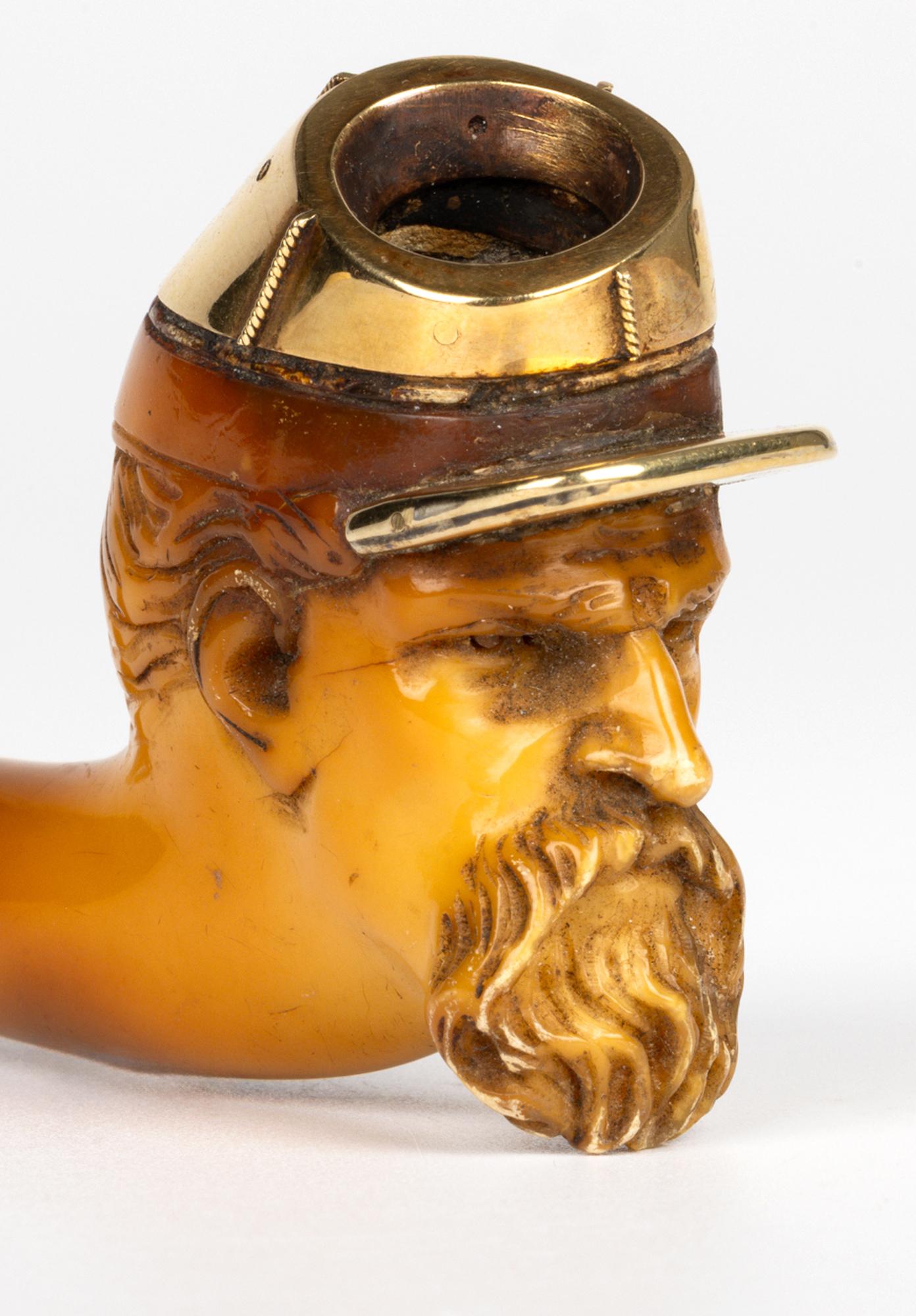 Gold Mounted Meerschaum Carved Confederate Soldier Head Pipe Bowl For Sale 4