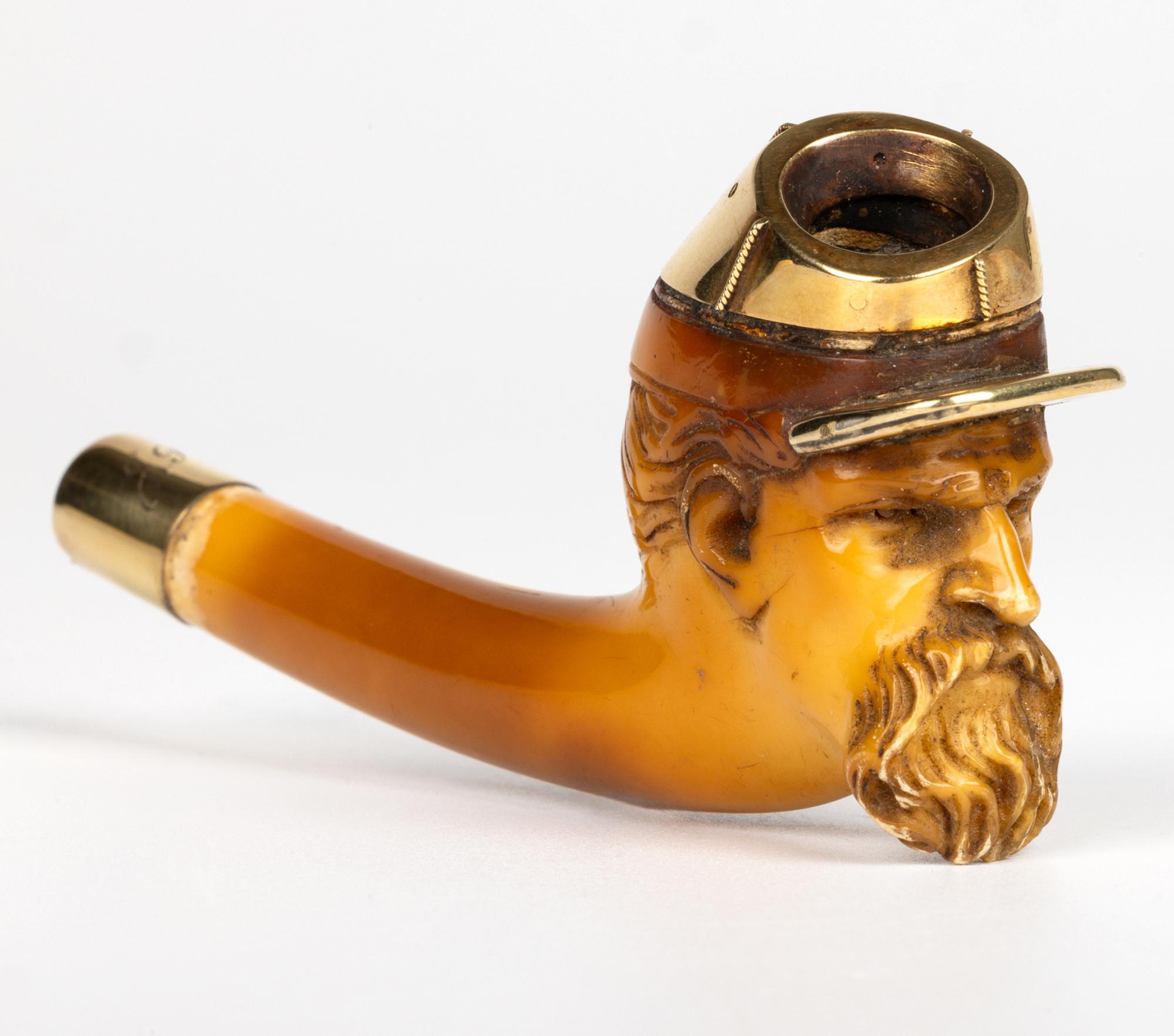 Gold Mounted Meerschaum Carved Confederate Soldier Head Pipe Bowl For Sale 8