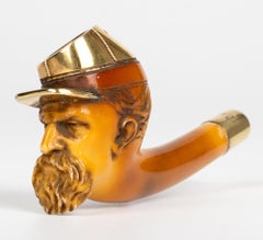 Ciotola per pipa con testa di soldato confederato intagliata in Meerschaum con montatura in oro