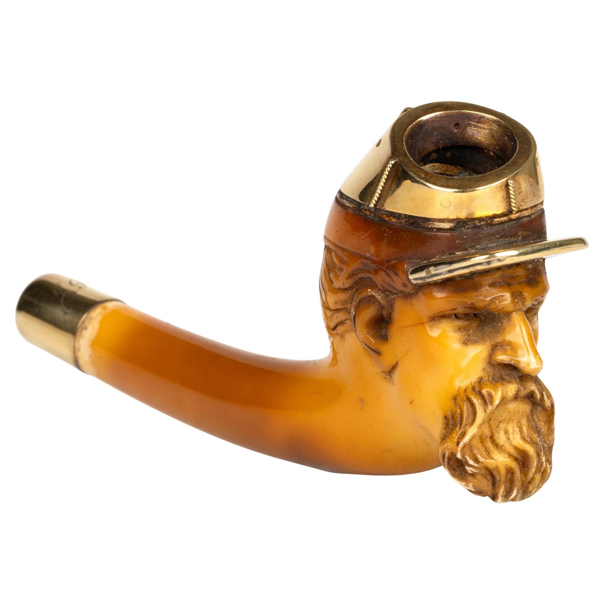 Gold Mounted Meerschaum Carved Confederate Soldier Head Pipe Bowl