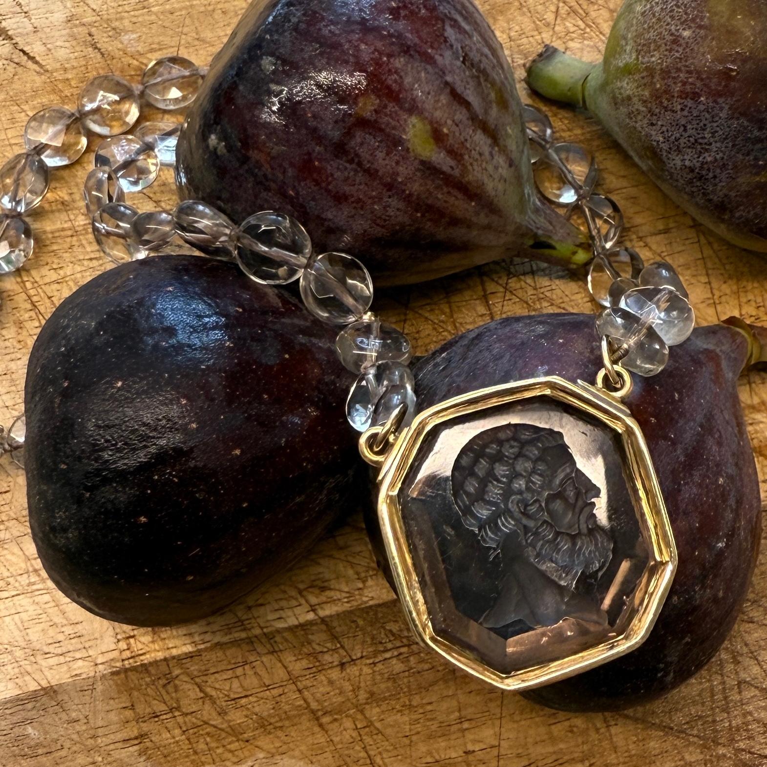 Gold-Mounted Smoky Quartz Intaglio Necklace, 19th century. For Sale 7
