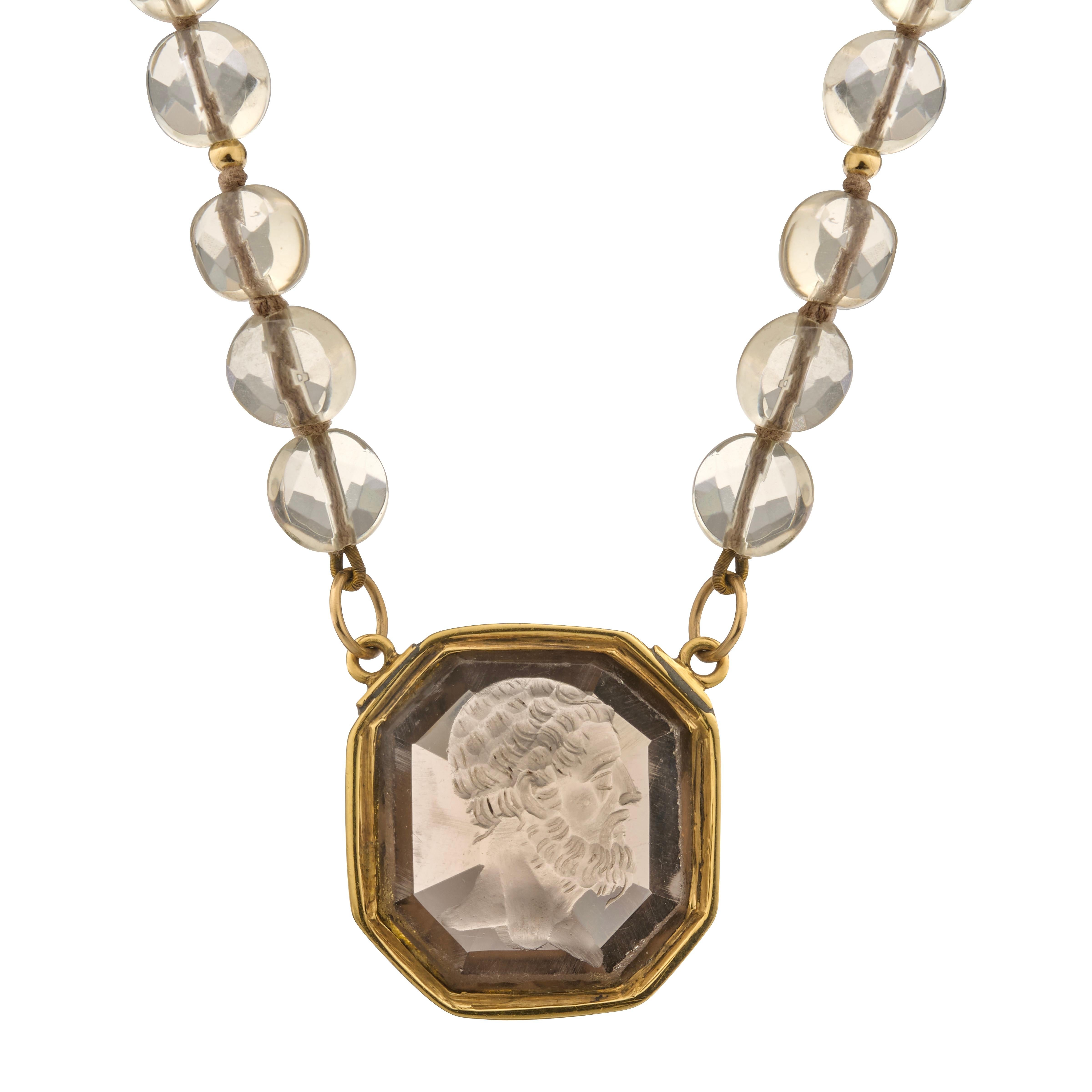 Gold-Mounted Smoky Quartz Intaglio Necklace, 19th century. In Good Condition For Sale In London, GB