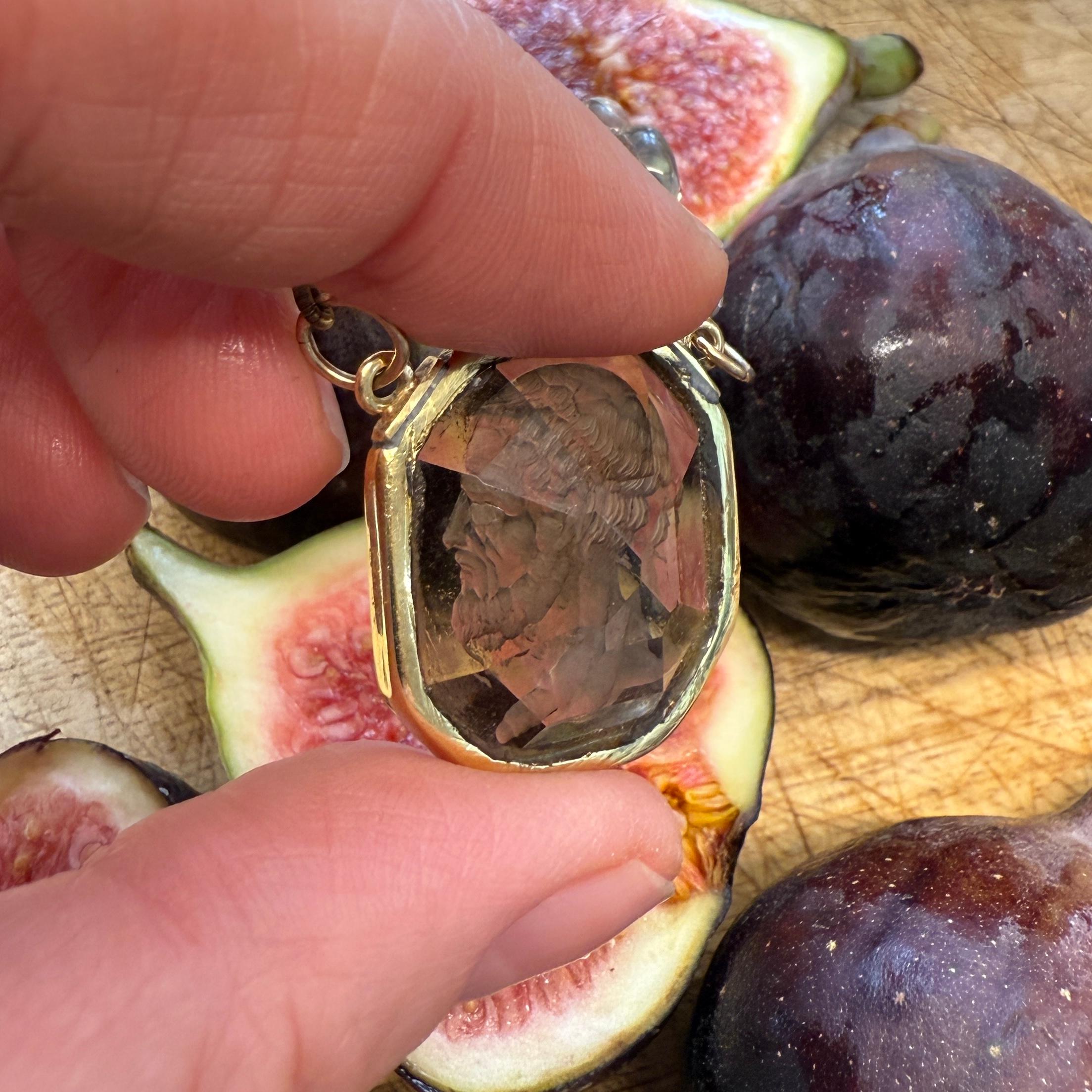 Gold-Mounted Smoky Quartz Intaglio Necklace, 19th century. For Sale 1