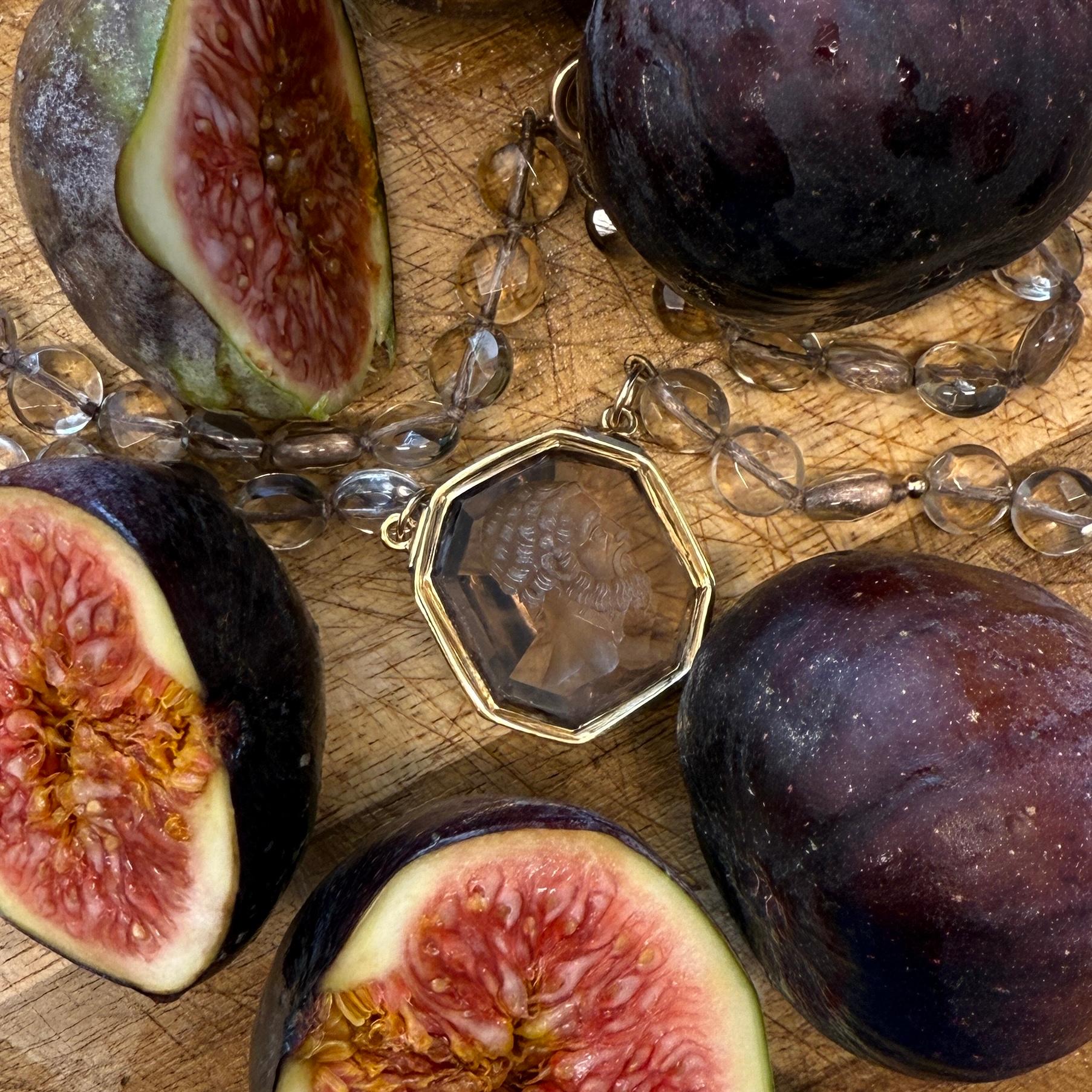 Gold-Mounted Smoky Quartz Intaglio Necklace, 19th century. For Sale 3