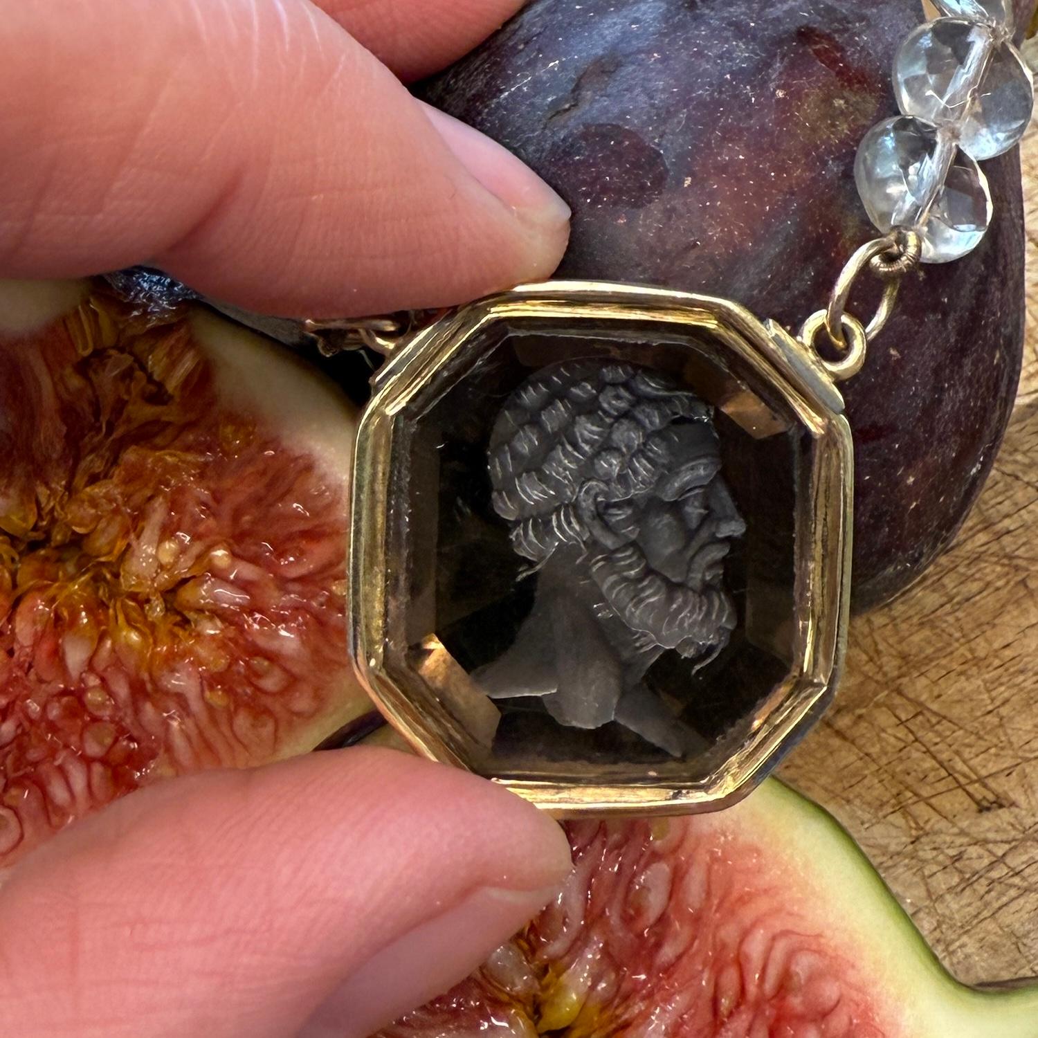 Gold-Mounted Smoky Quartz Intaglio Necklace, 19th century. For Sale 4