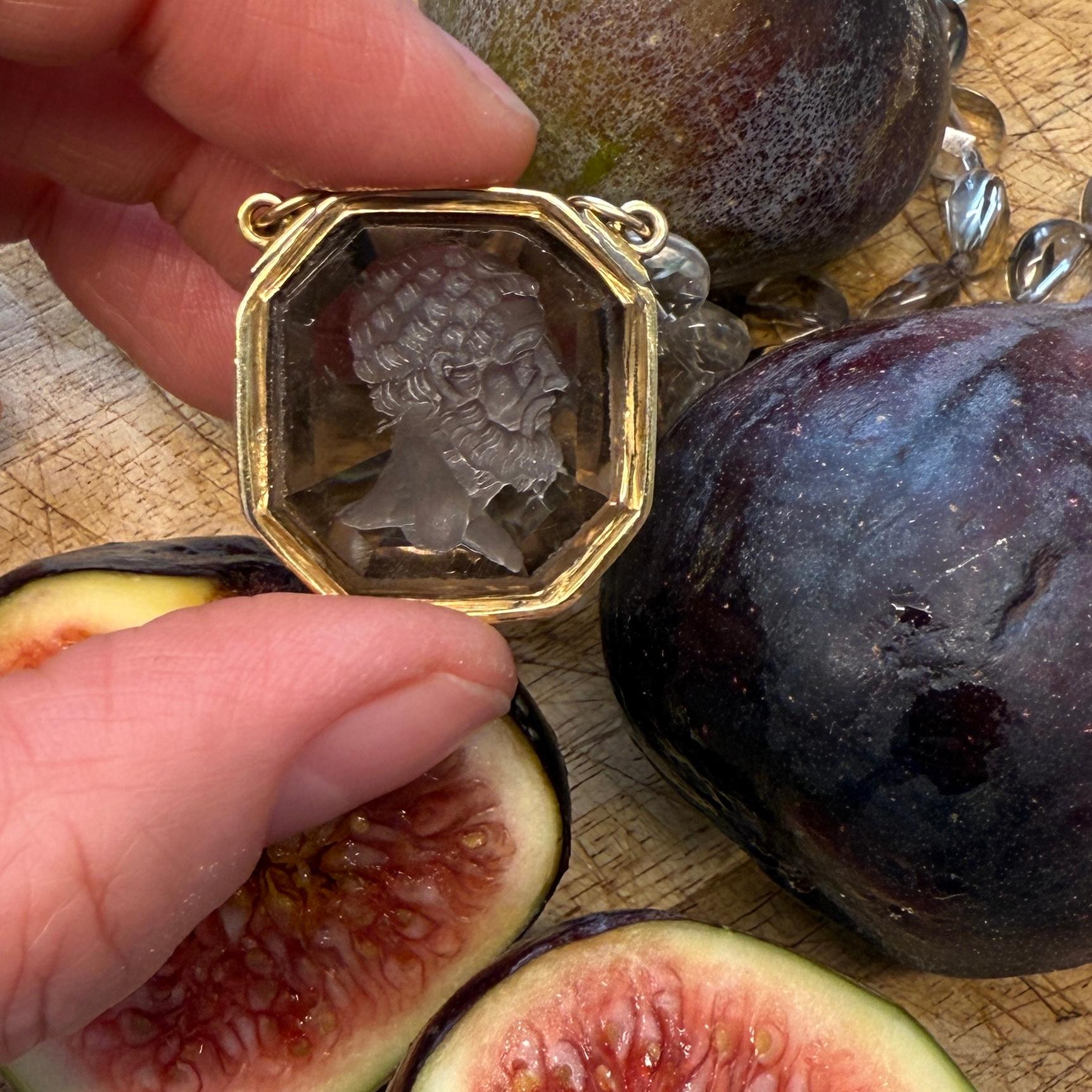 Gold-Mounted Smoky Quartz Intaglio Necklace, 19th century. For Sale 5