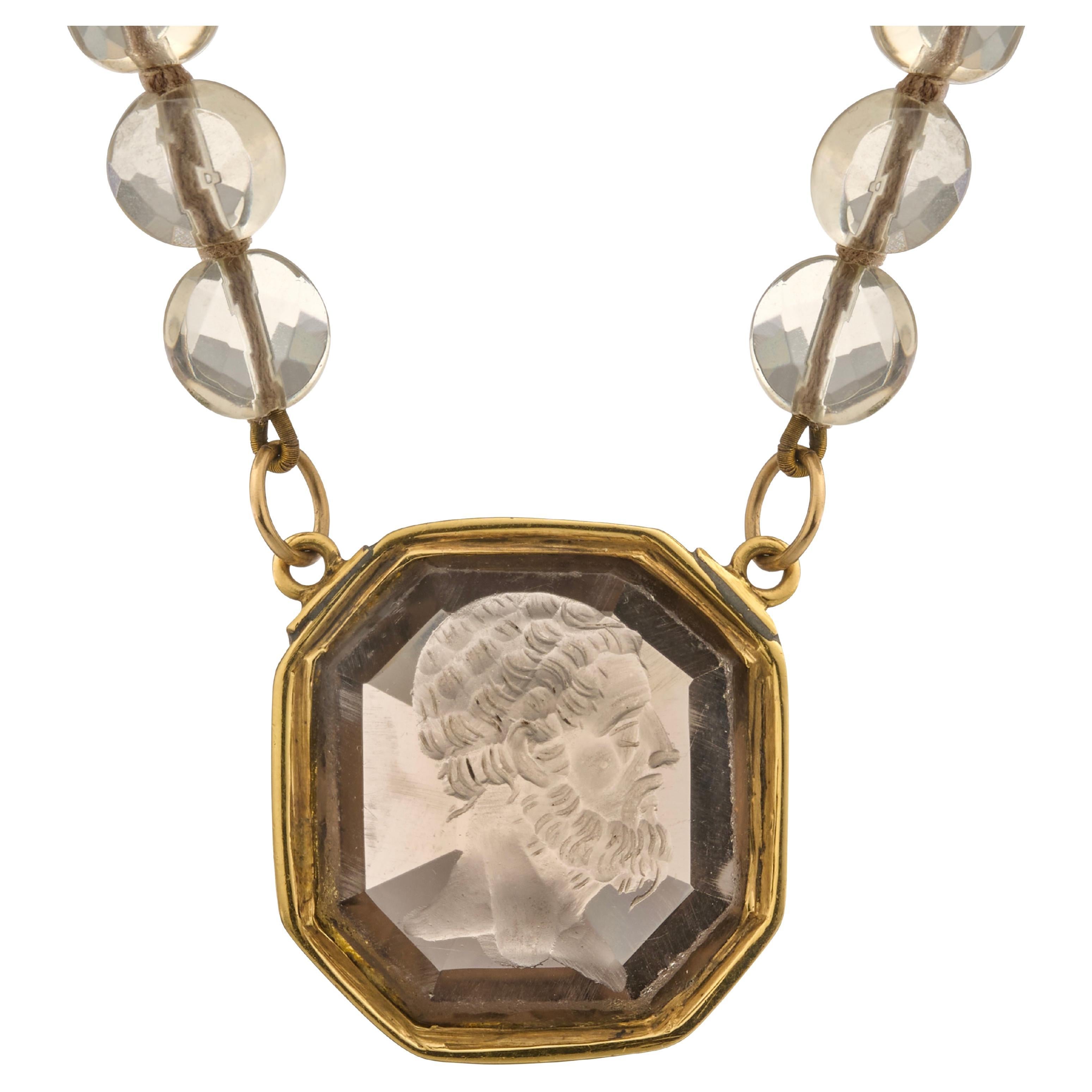 Gold-Mounted Smoky Quartz Intaglio Necklace, 19th century. For Sale