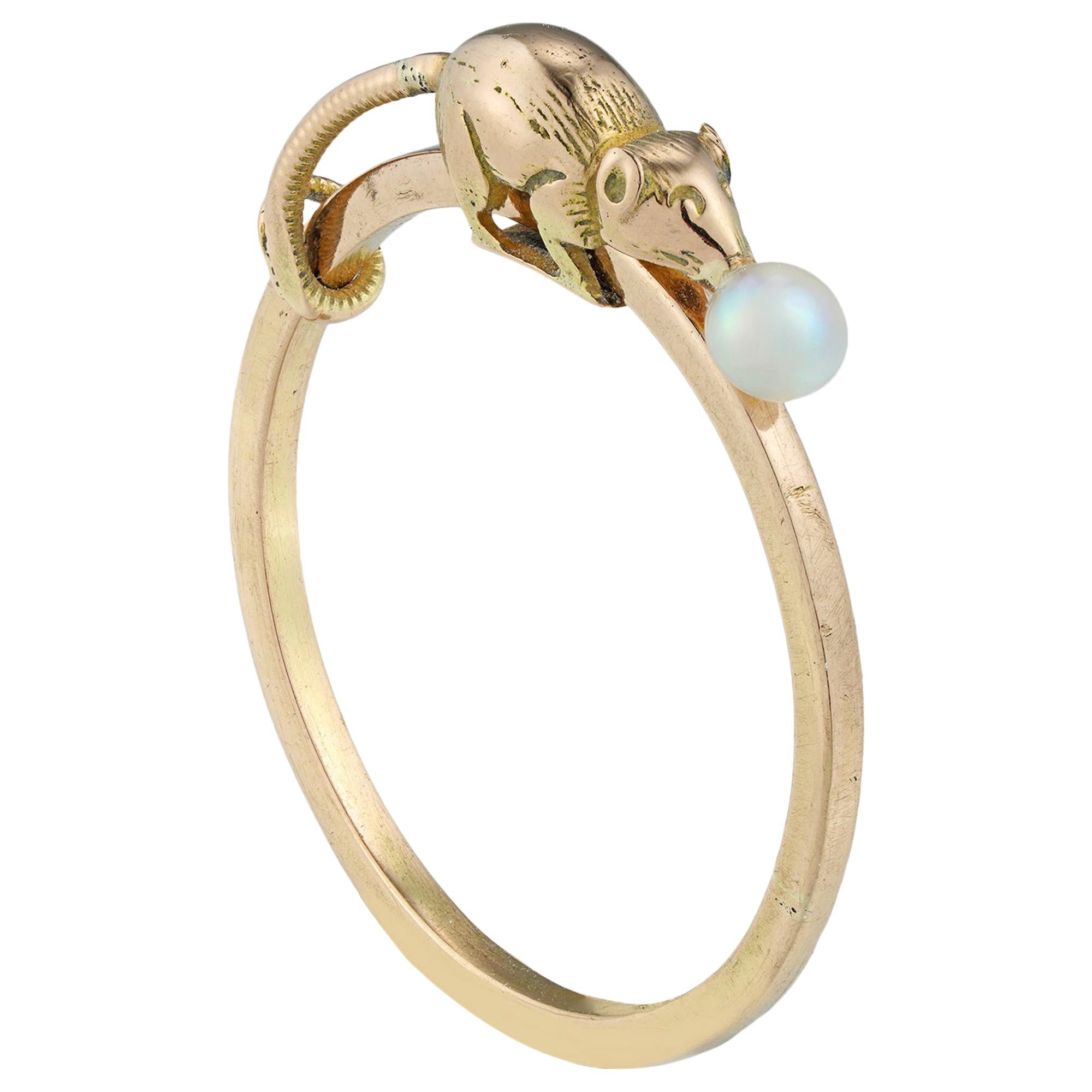 Gold Mouse Ring with a Pearl