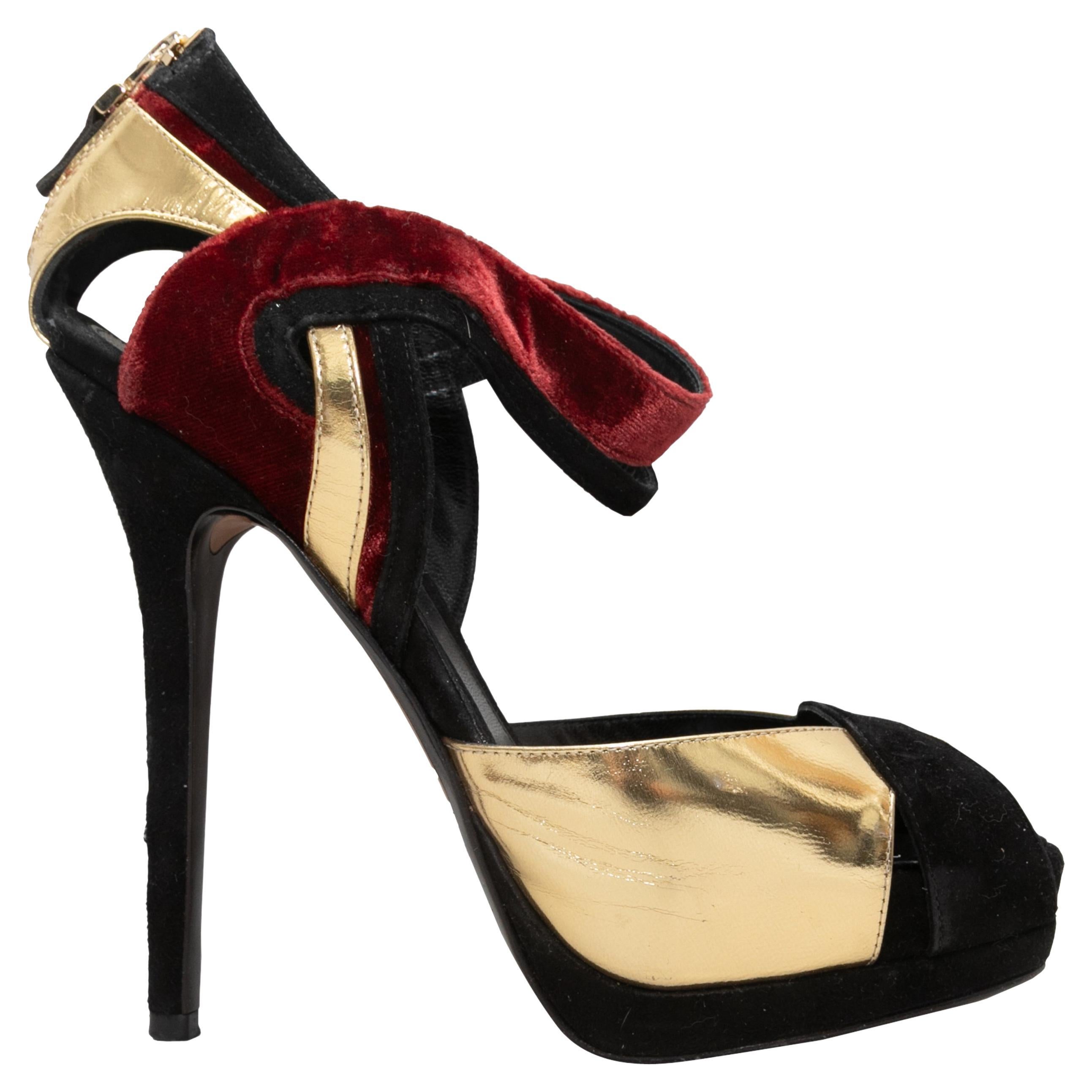 Gold & Multicolor Fendi Cutout Peep-Toe Platforms Size 37 For Sale
