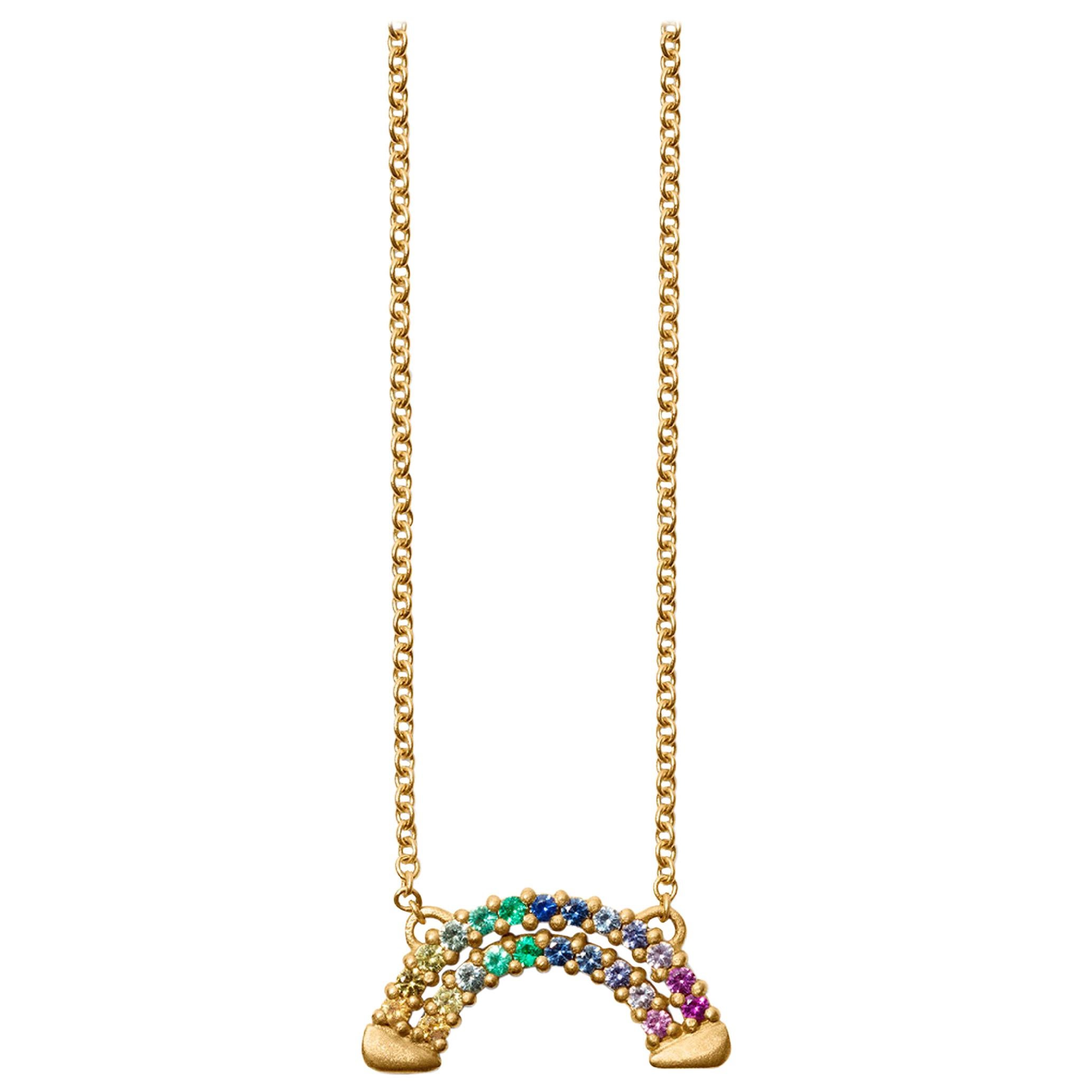 Gold Multicolored Sapphire Rainbow Necklace For Sale