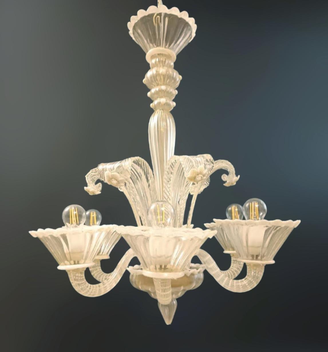 Vintage Italian chandelier with clear Murano glass infused with gold flecks and flowers in pâte de verre / Made in Italy, circa 1960s
Measures: Diameter 22 inches, height 34.5 inches
6 lights / E26 or E27 type / max 60W each
Order reference #: