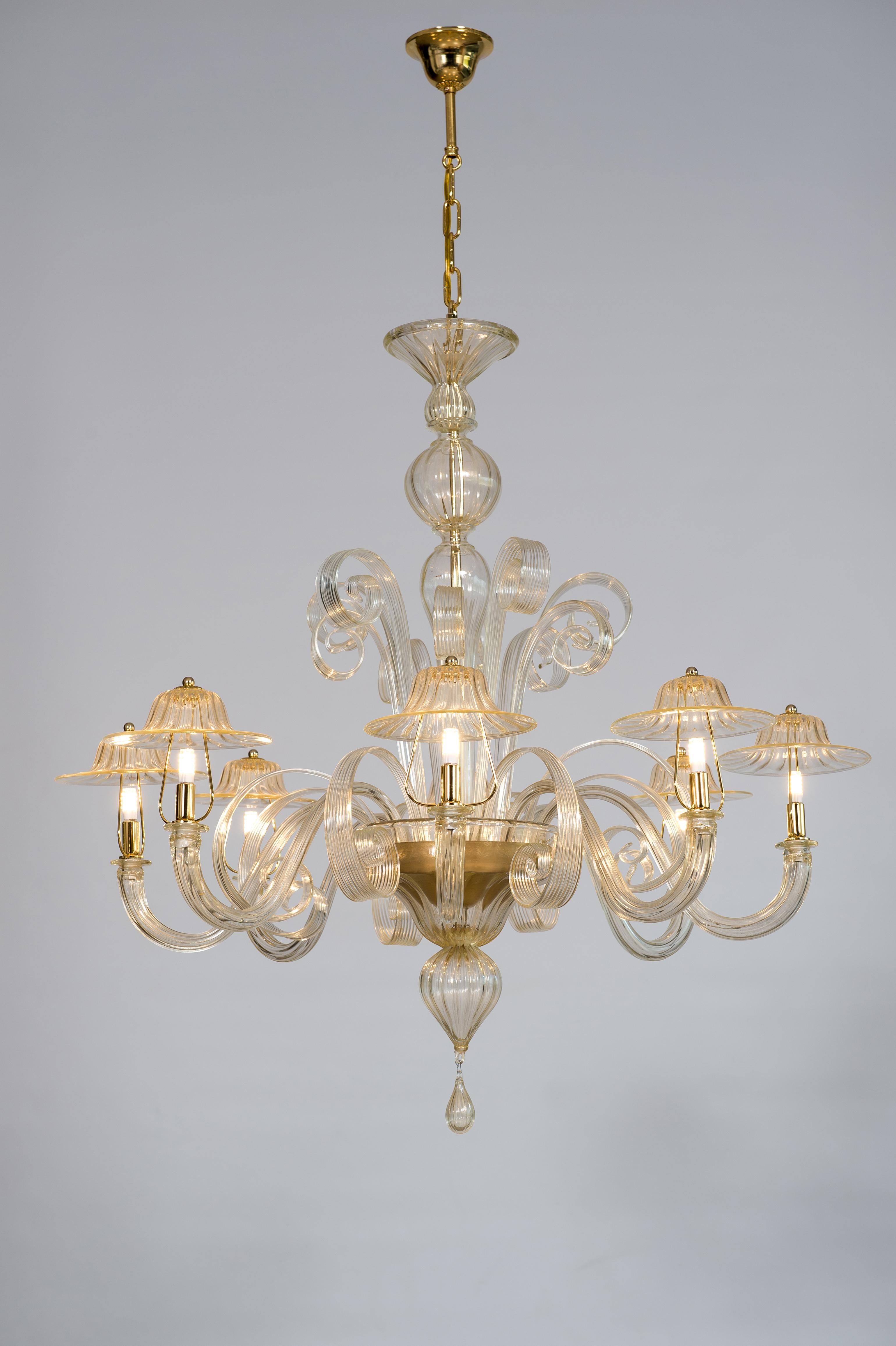 Italiano Lampadario in vetro di Murano color oro di Giovanni Dalla Fina 1990 in vendita