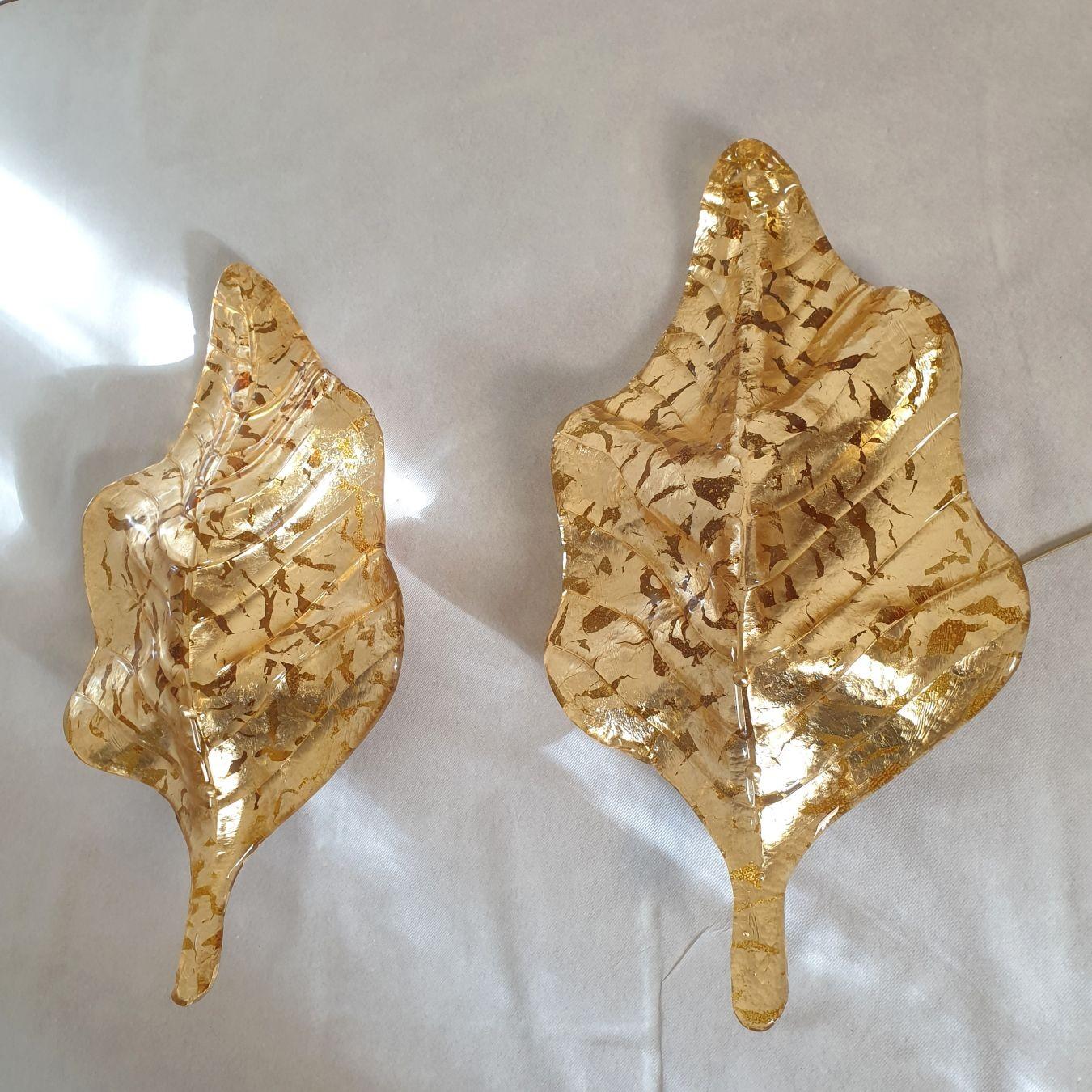 Mid-Century Modern Gold Murano glass leaf sconces For Sale