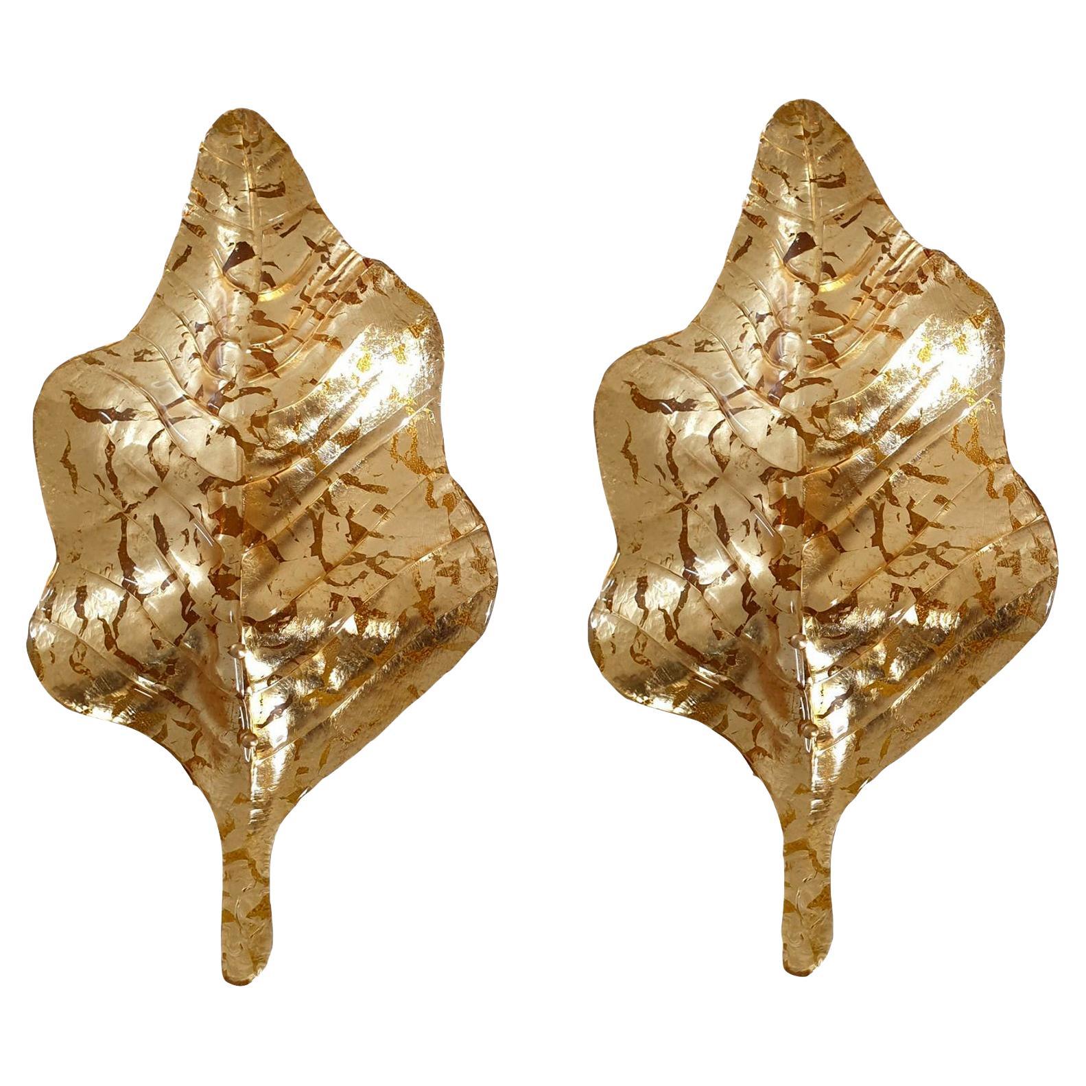 Gold Murano glass leaf sconces For Sale