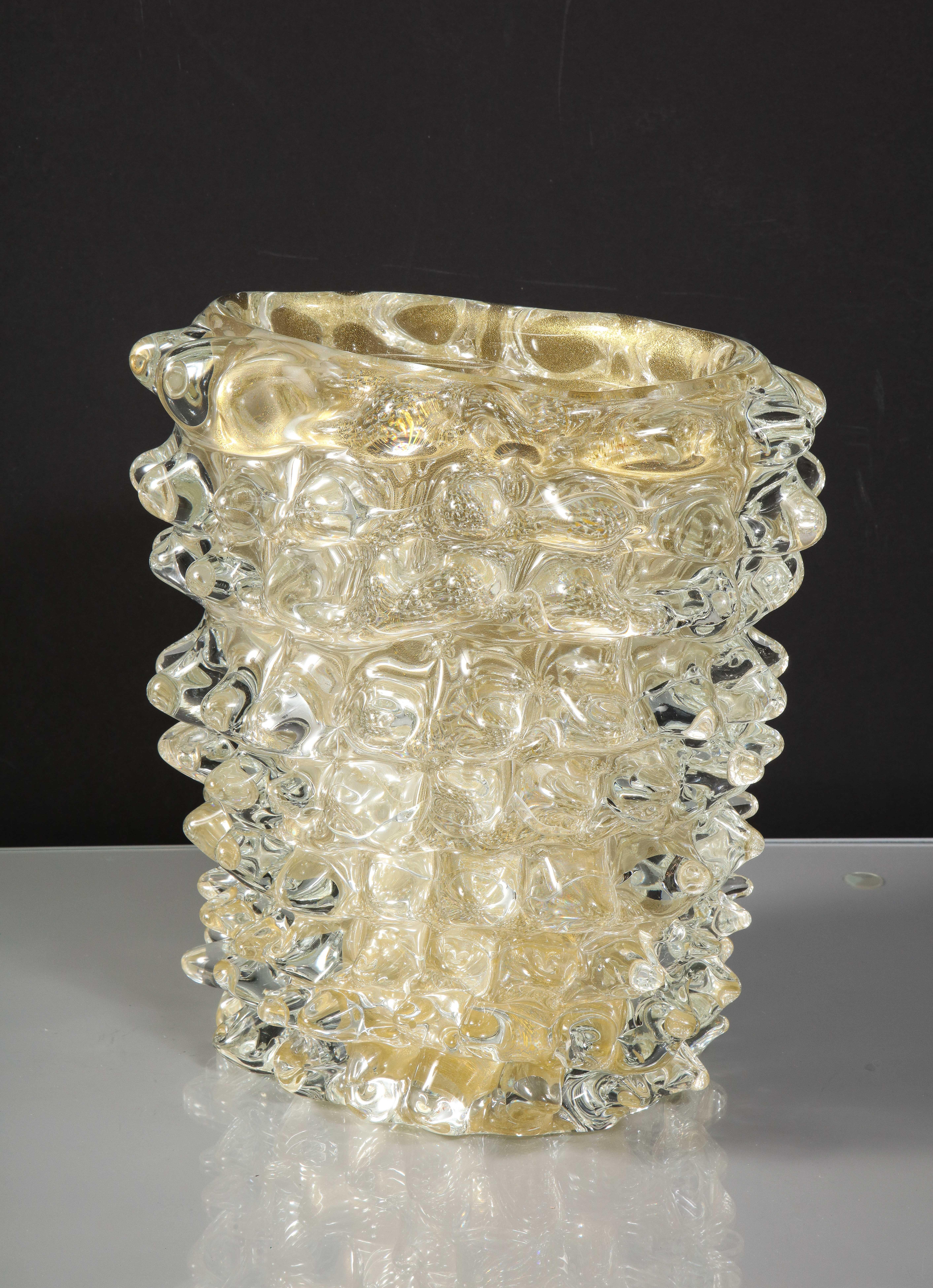Hand-blown, mid-century style, gold glass vase with spike design in the manner of Barovier, Italy.