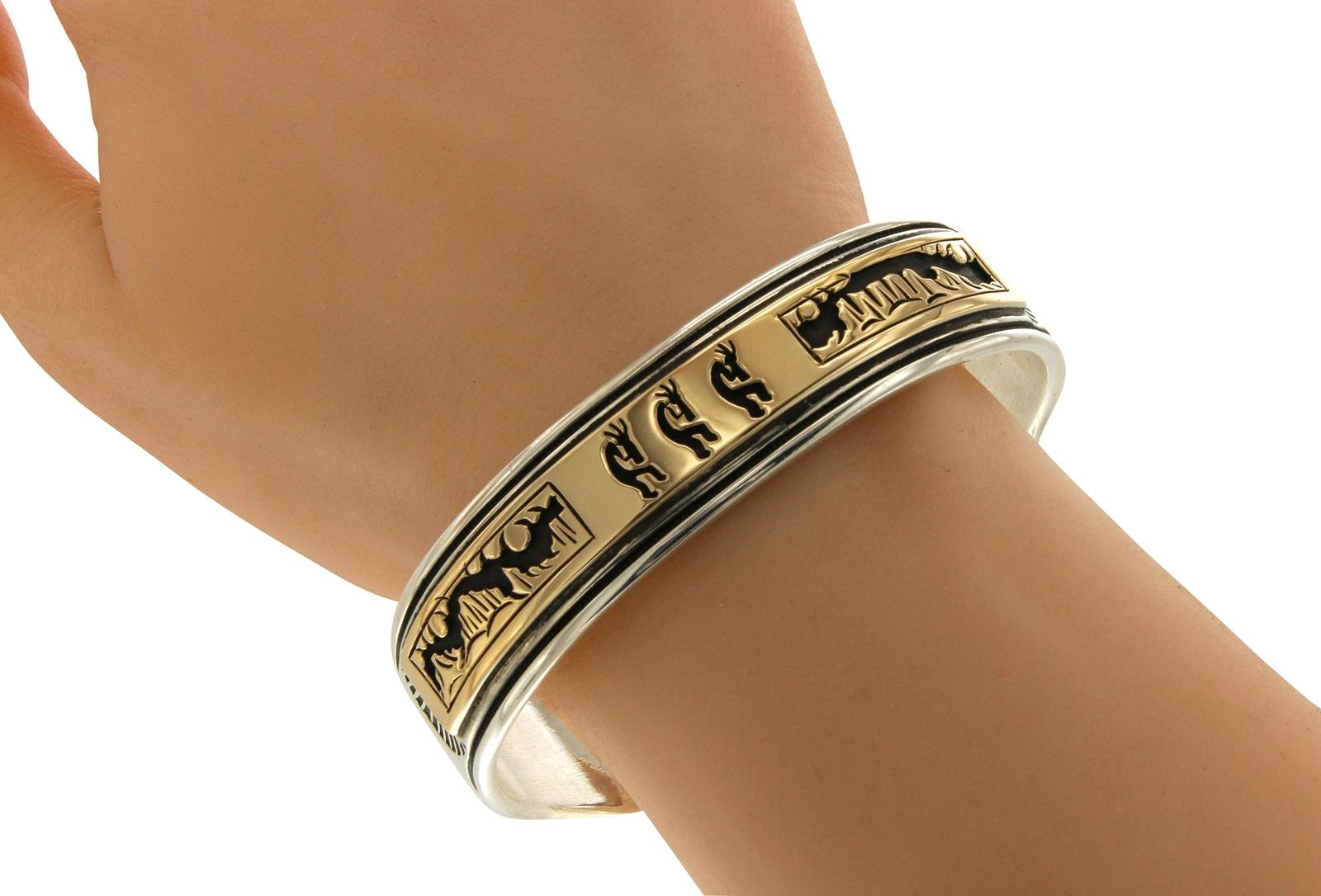 Women's or Men's Gold Native American 925 Silver 14 Karat Kokopellis Hopi Cuff Bracelet For Sale