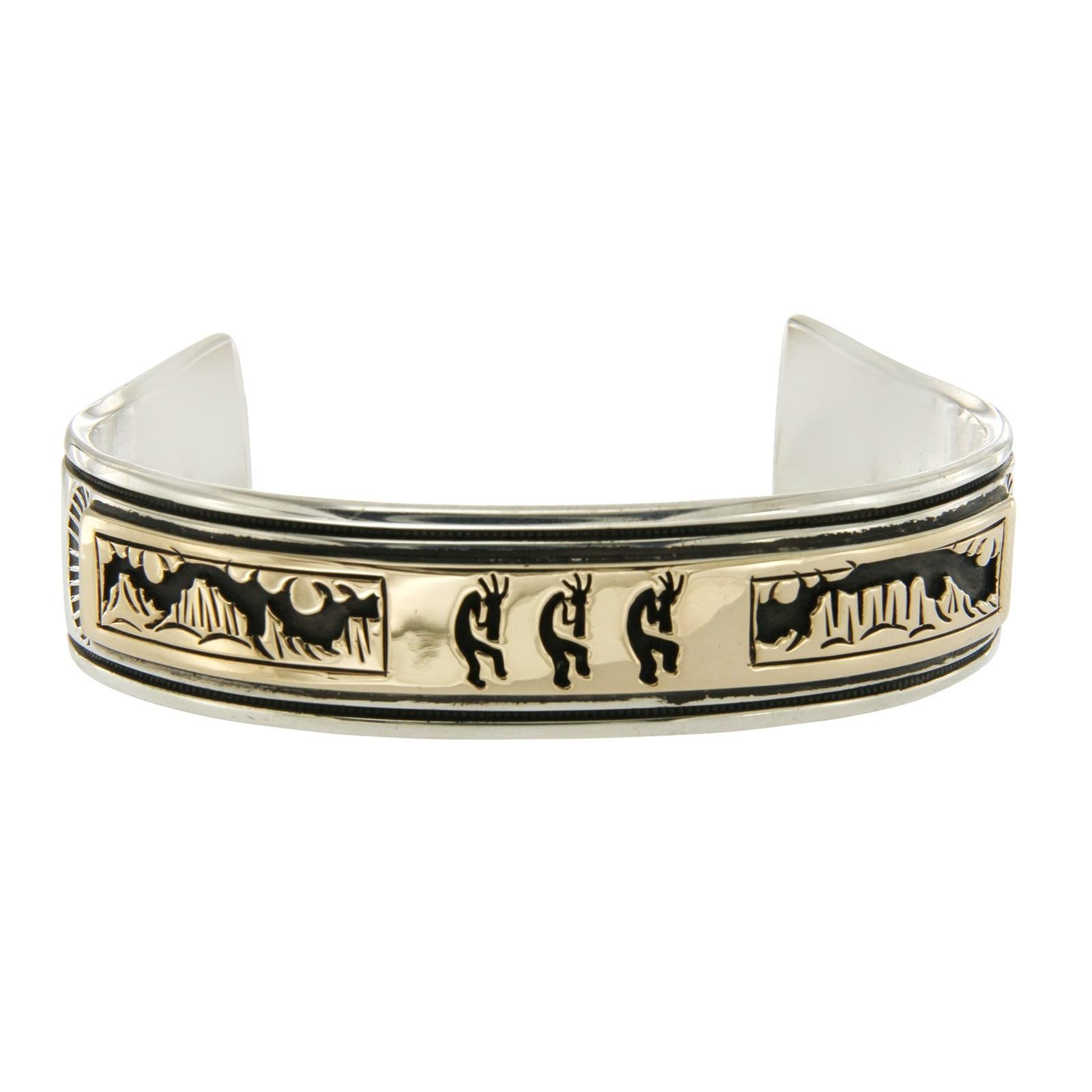 Gold Native American 925 Silver 14 Karat Kokopellis Hopi Cuff Bracelet For Sale