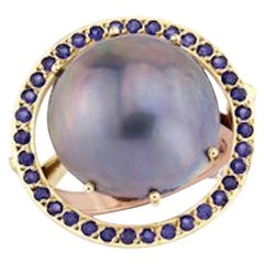 Gold Natural Mabe Pearl and Diamond Cut Sapphire Cocktail Ring