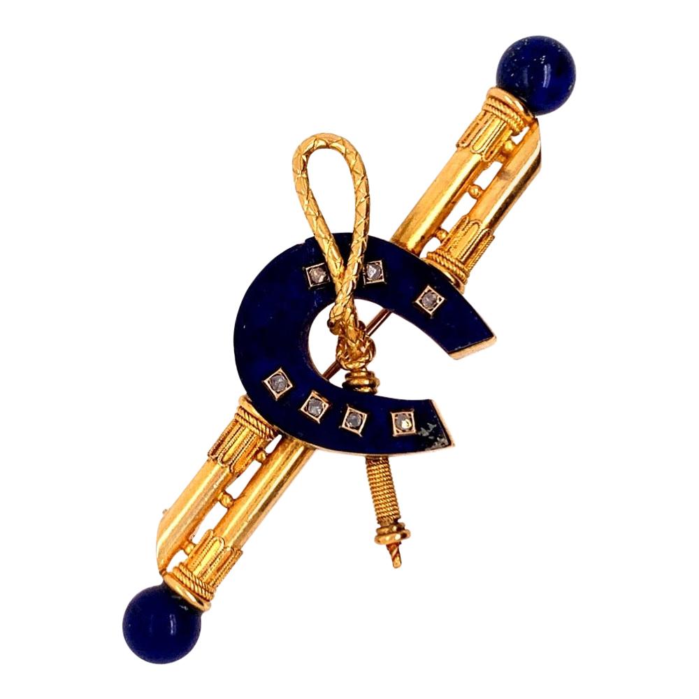 Gold Nautical Sailor Brooche Natural Blue Lapis and Diamond Pin, circa 1970 For Sale