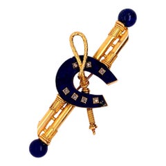 Gold Nautical Sailor Brooche Natural Blue Lapis and Diamond Pin, circa 1970