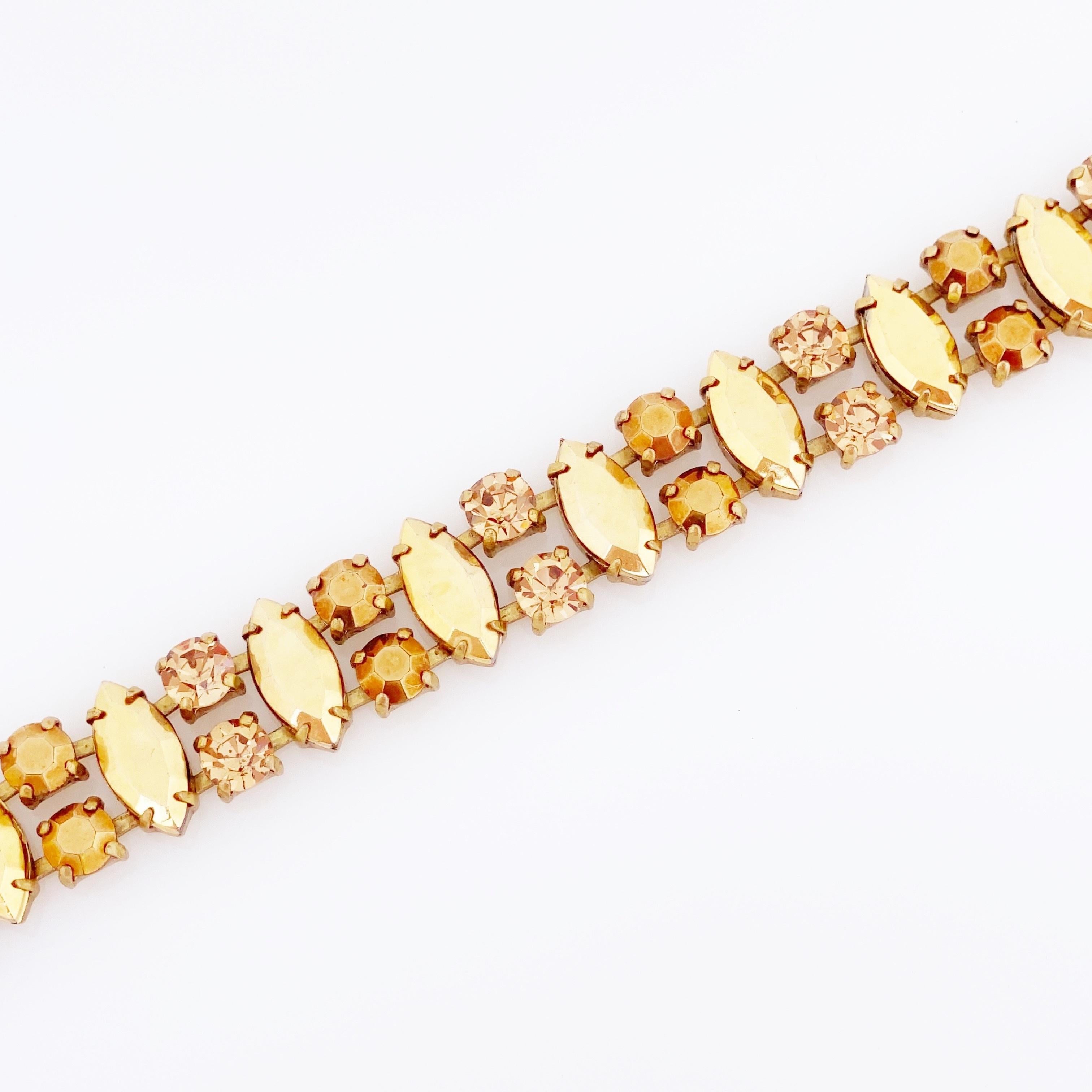 Modern Gold Navette & Topaz Rhinestone Cocktail Bracelet By Regency, 1950s For Sale