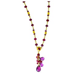 Gold Necklace, 22 Karat, with Rubies and Suspending Pink Tourmalines