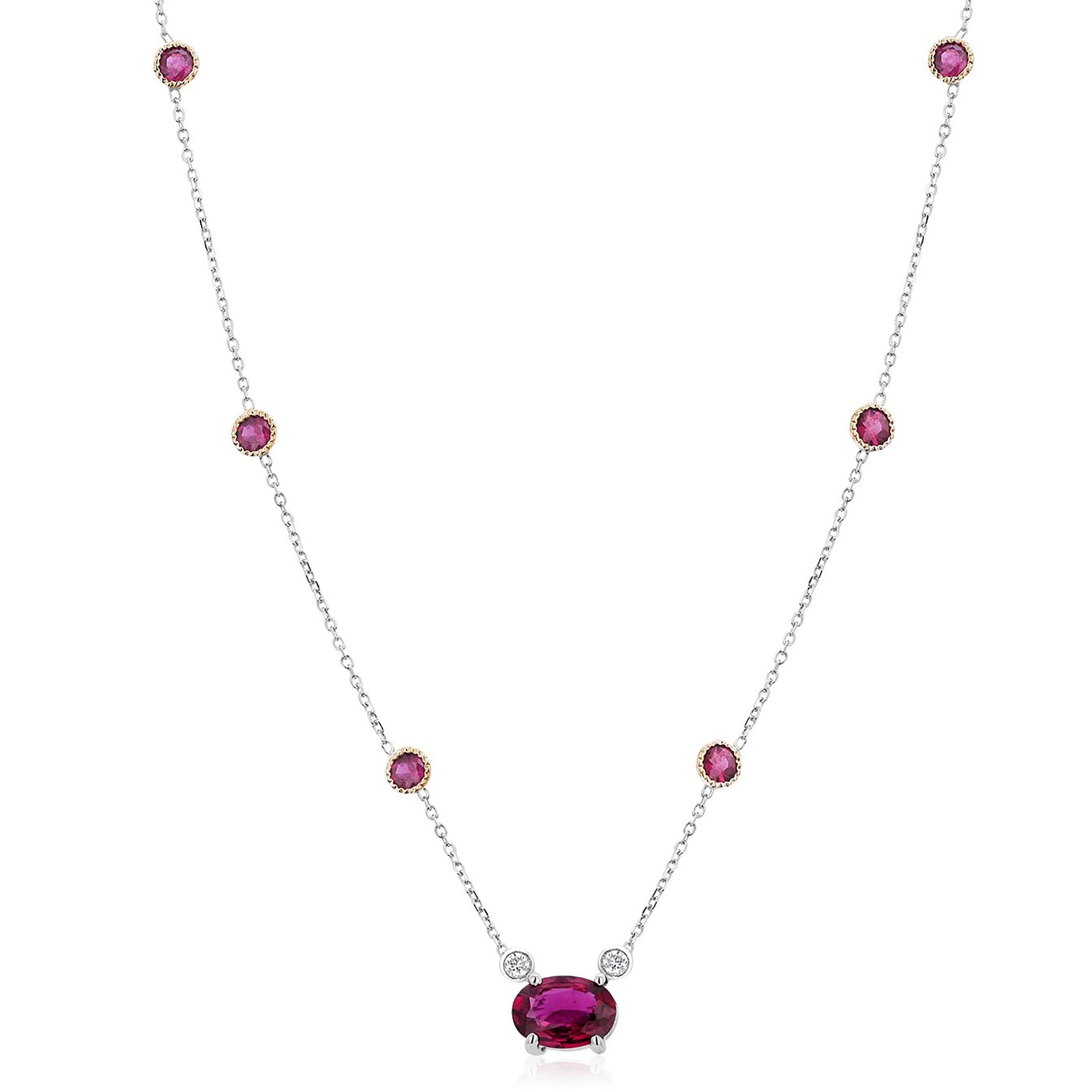 Oval Cut Burma Ruby 1.20 Carat Diamond Bezel Ruby 1.12 Carat 16 Inch White Gold Necklace 