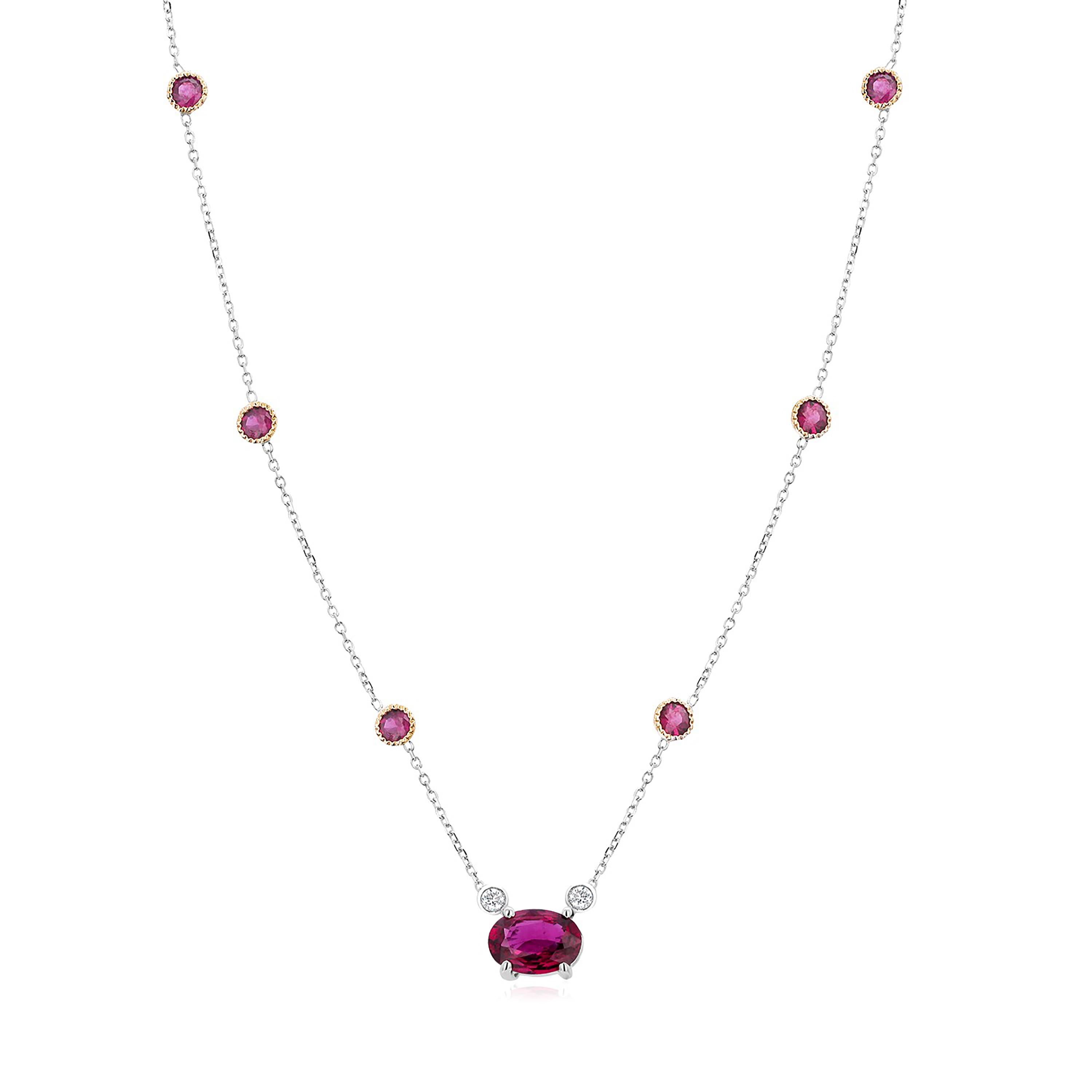 Women's or Men's Burma Ruby 1.20 Carat Diamond Bezel Ruby 1.12 Carat 16 Inch White Gold Necklace 