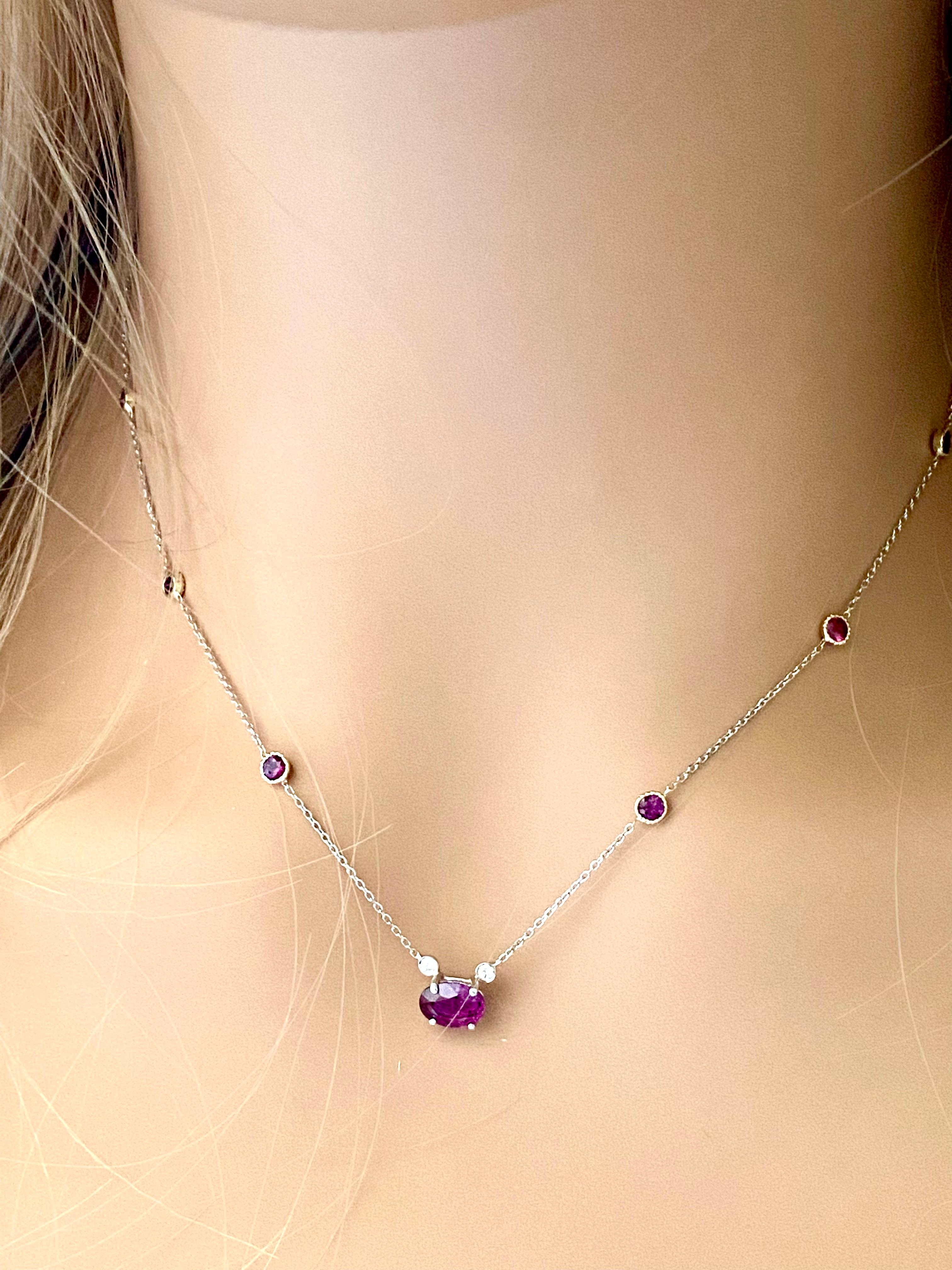 Burma Ruby 1.20 Carat Diamond Bezel Ruby 1.12 Carat 16 Inch White Gold Necklace  In New Condition In New York, NY
