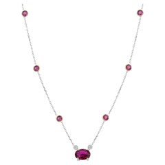Gold Necklace Pendant with Burma Ruby Two Diamonds and Six Bezel Set Round Ruby 