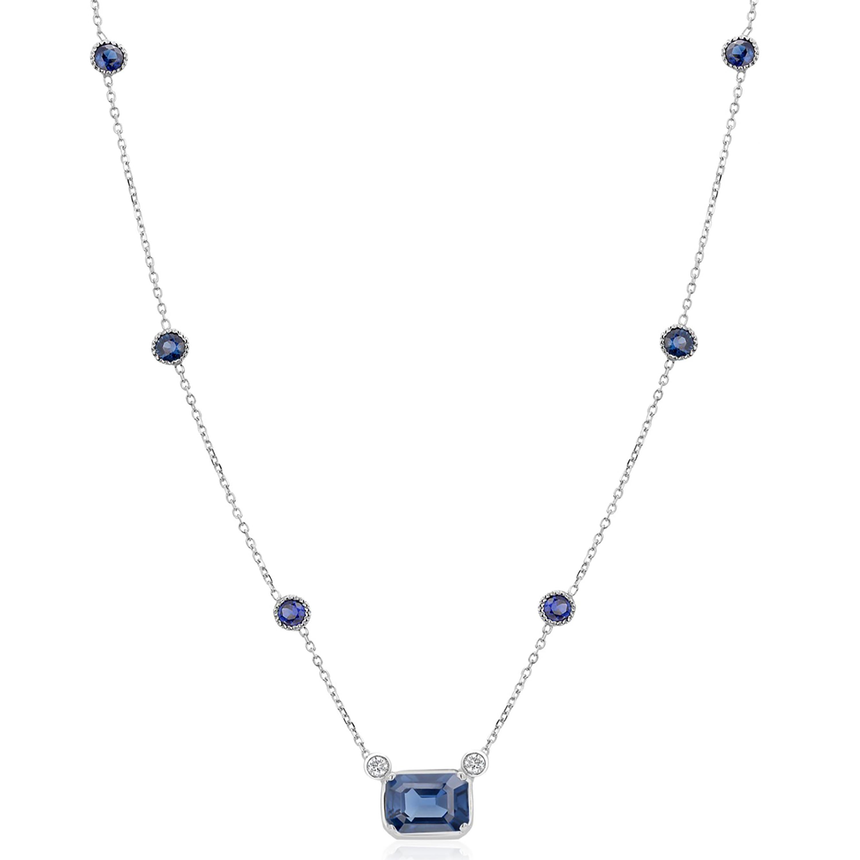 Emerald Cut White Gold Necklace Pendant Emerald Shaped Sapphire Diamonds Six Bezel Sapphire