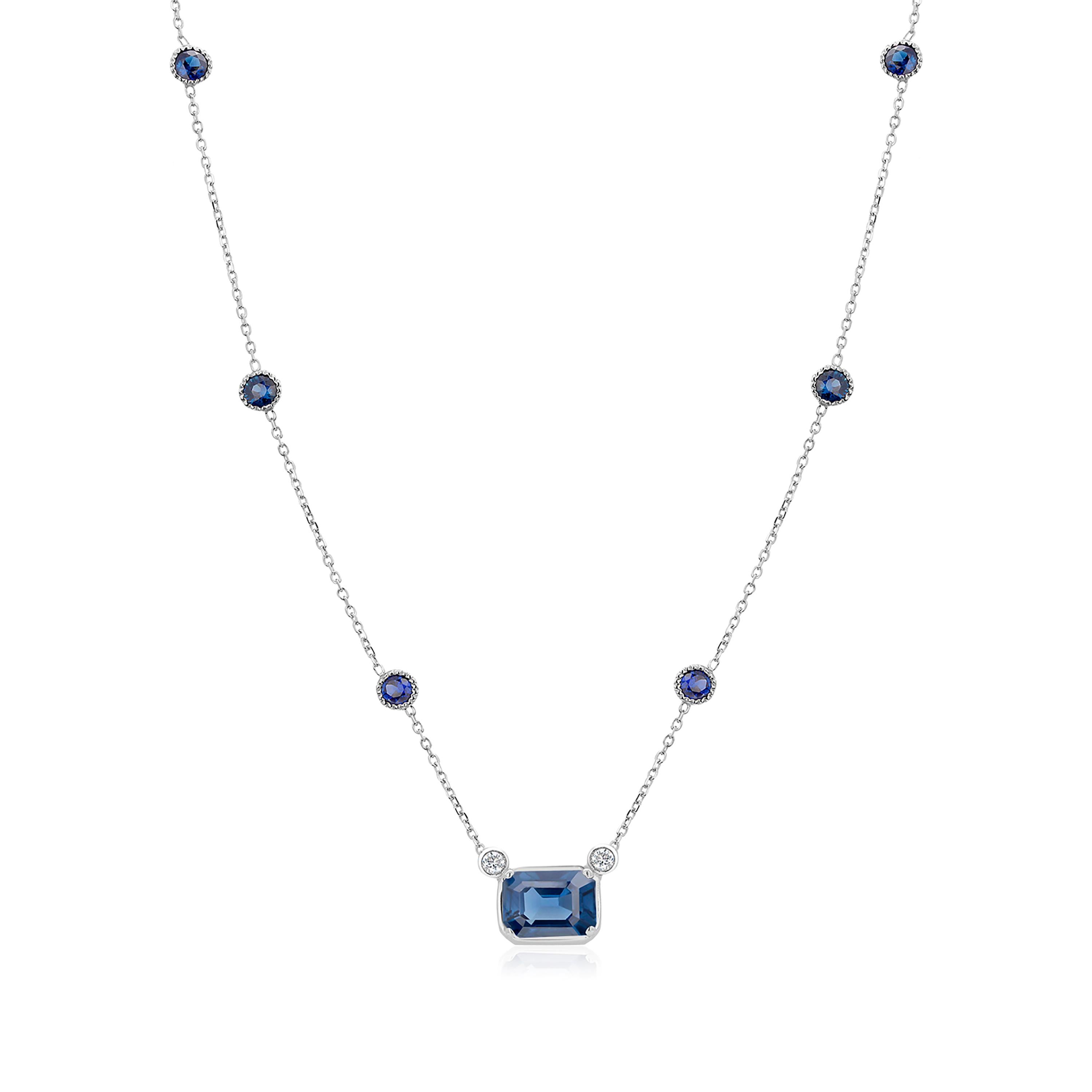 White Gold Necklace Pendant Emerald Shaped Sapphire Diamonds Six Bezel Sapphire 1