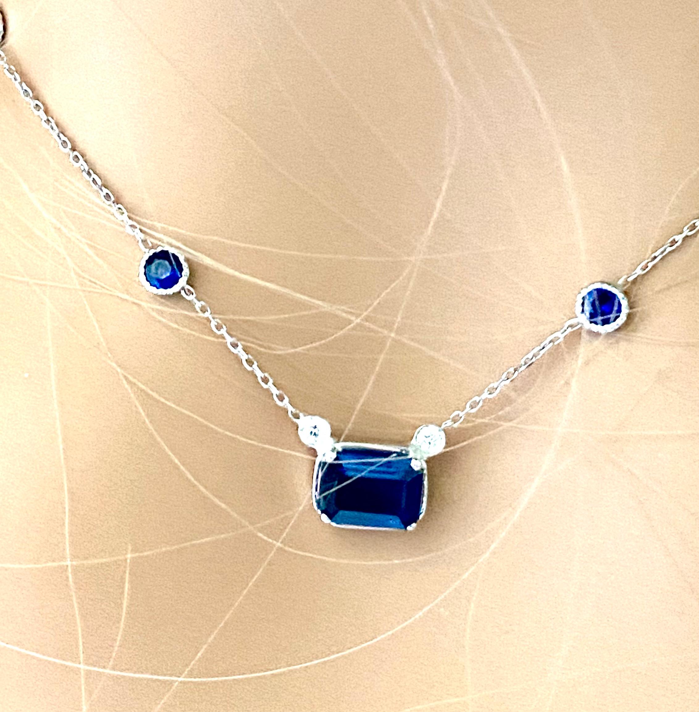 Women's or Men's White Gold Necklace Pendant Emerald Shaped Sapphire Diamonds Six Bezel Sapphire