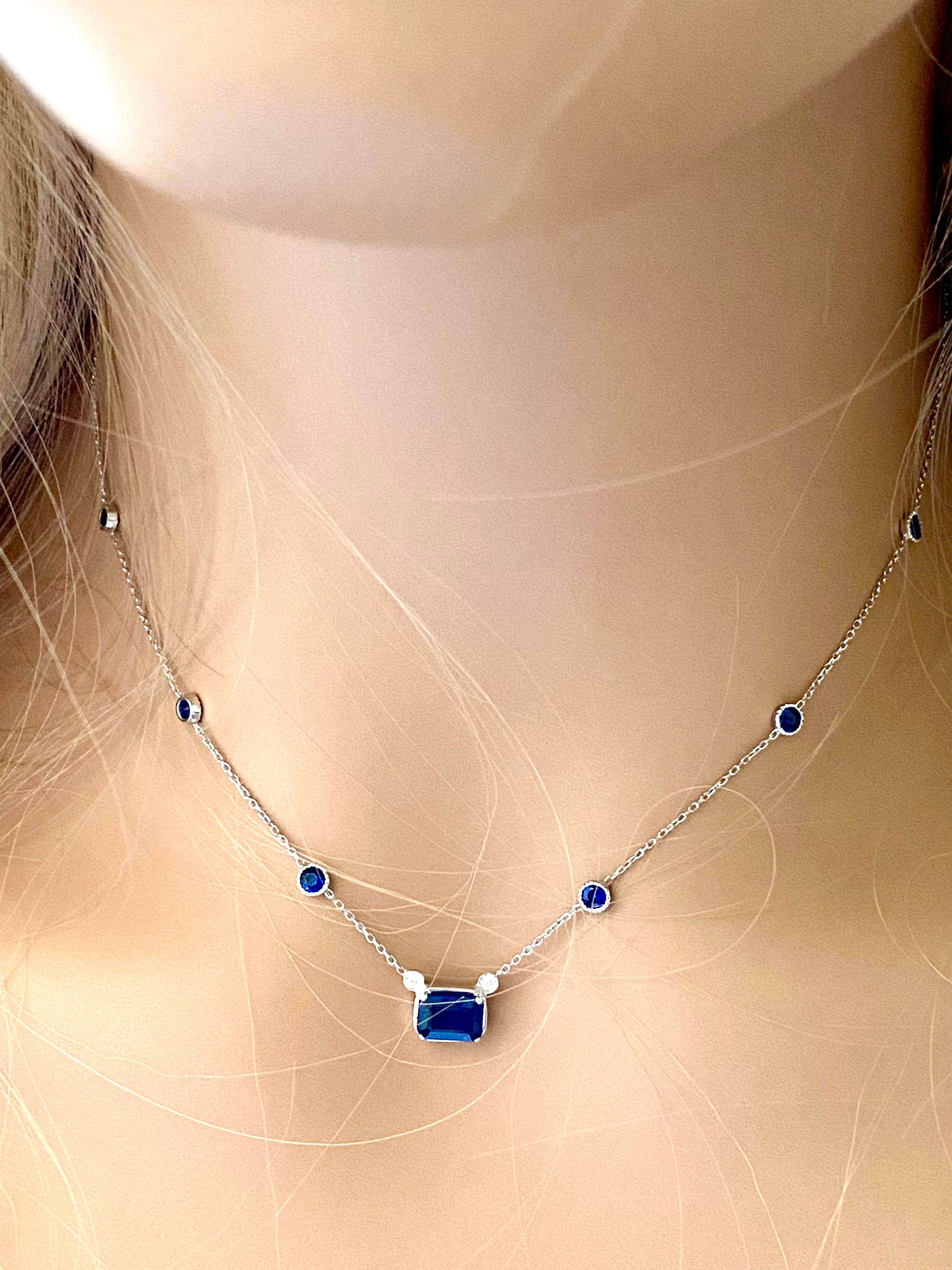 White Gold Necklace Pendant Emerald Shaped Sapphire Diamonds Six Bezel Sapphire 2