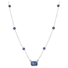 Gold Necklace Pendant with Emerald Shaped Sapphire Diamonds Six Bezel Sapphire
