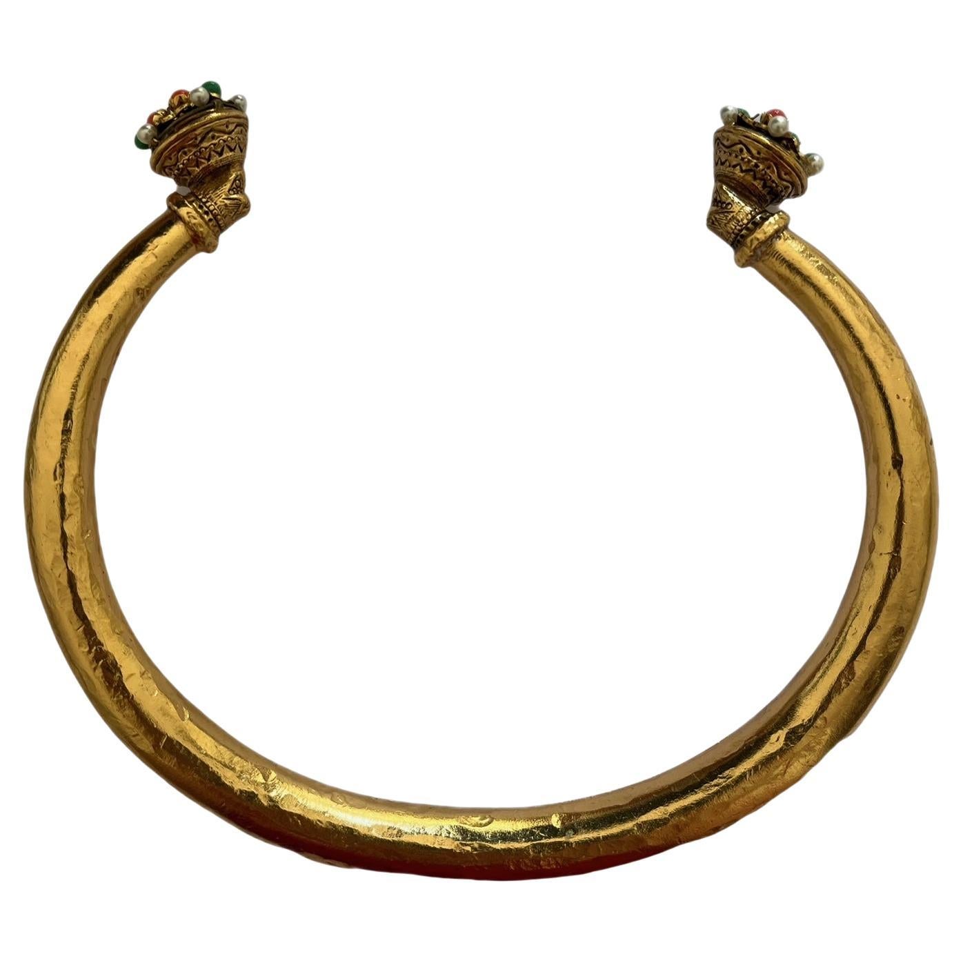 Gold Necklace with Green, Coral and White Beads by Scherrer