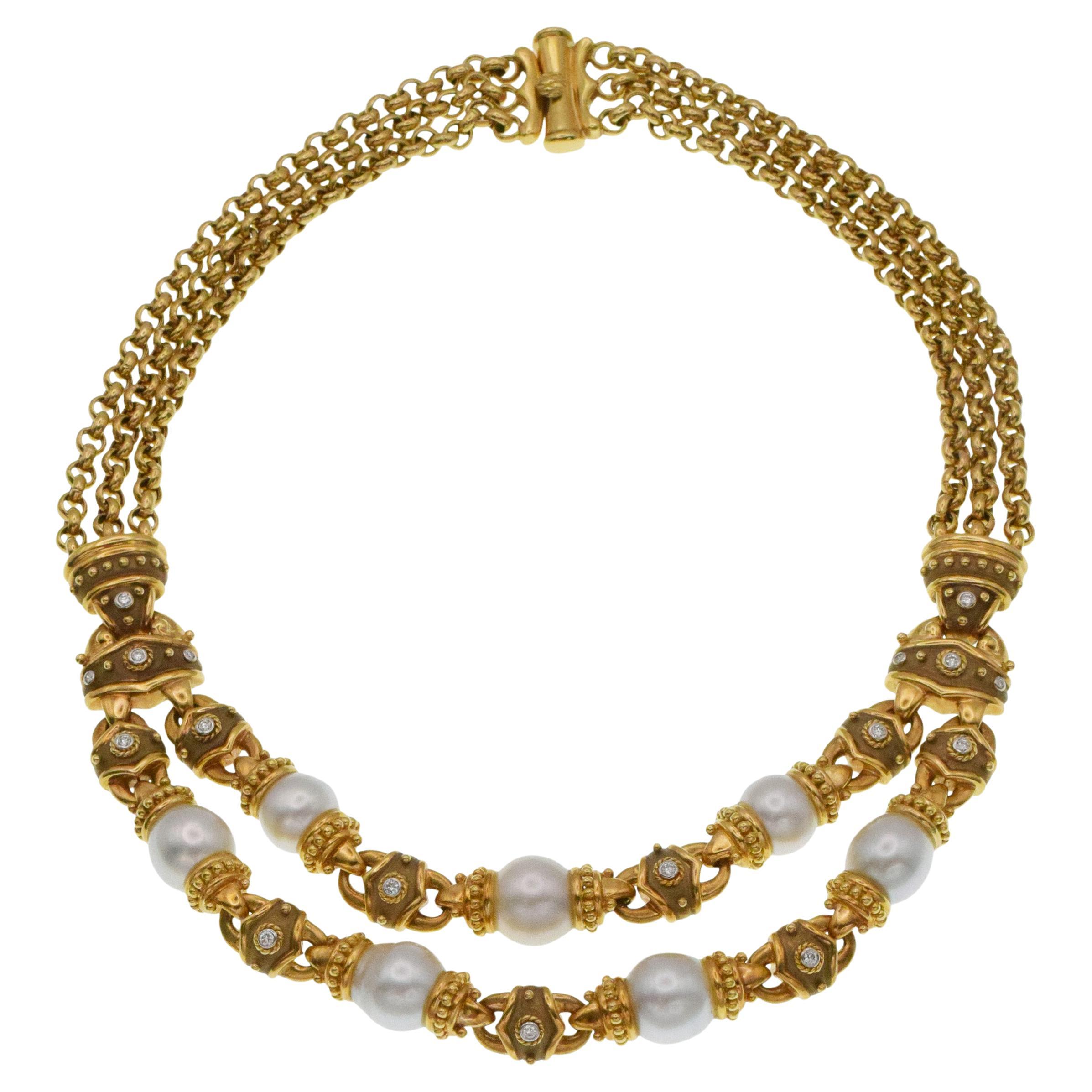 Gold Necklace With Pearl And Diamond Accents