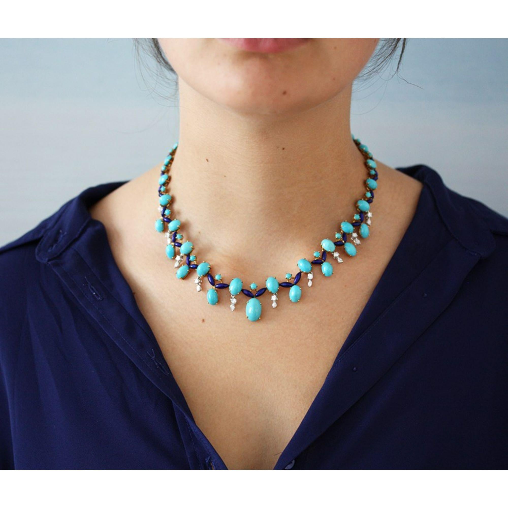 Collana in oro con turchese, diamanti e smalto In condizioni buone in vendita a Amsterdam, NL